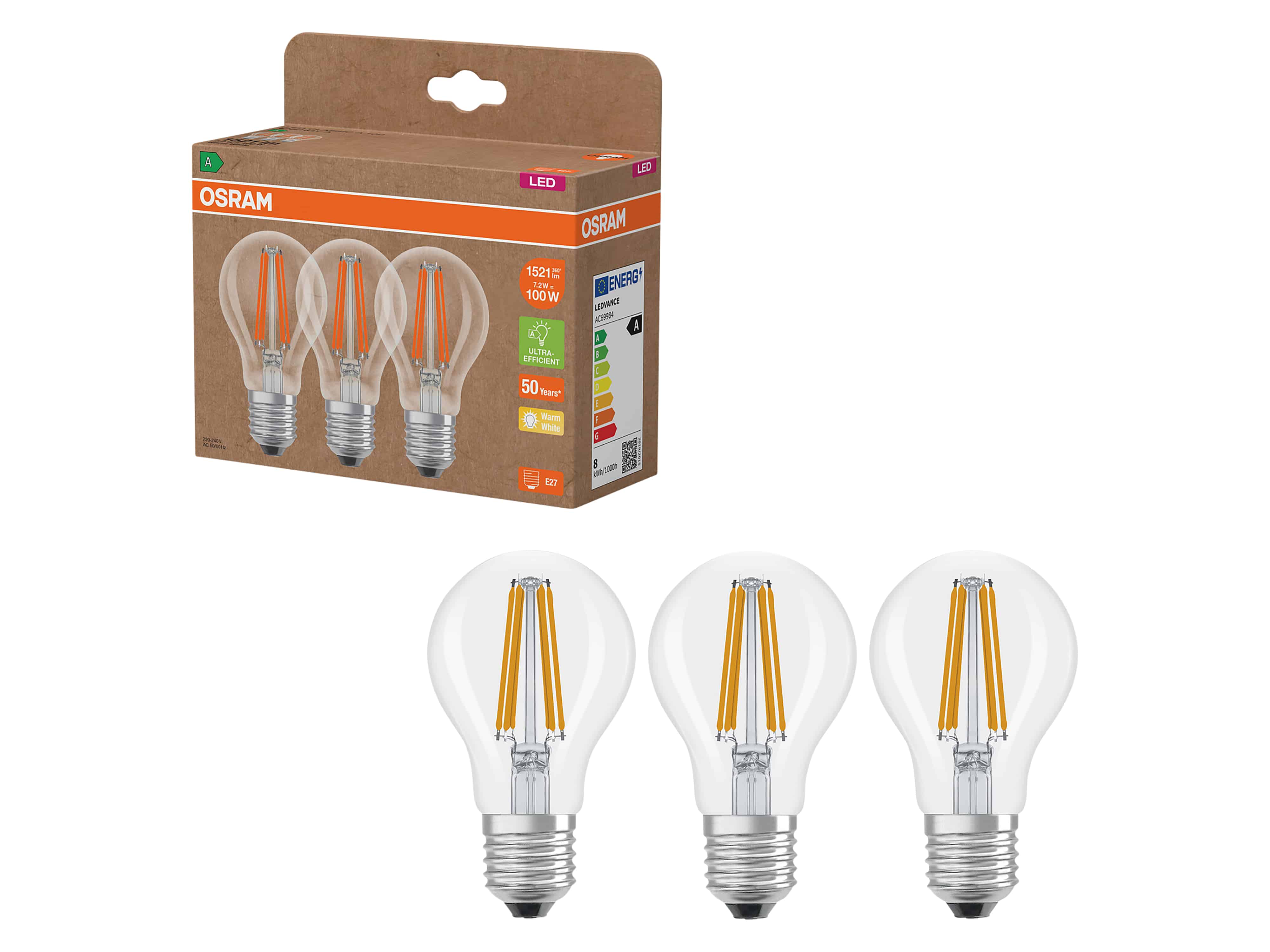 OSRAM LED-Lampe, E27, 7,2W, 2700K, EEK: A, 1521lm, warmweiß, IP20, klar, 3 Stück OSRAM LED-Lampe, E27, 7,2W, 2700K, EEK: A, 1521lm, warmweiß, IP20, klar, 3 Stück