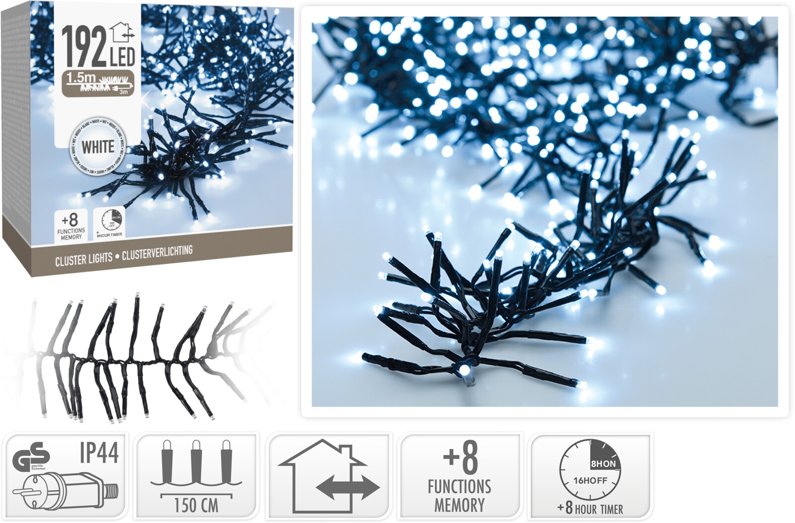 KOOPMAN LED-Clusterlichterkette Büschel kaltweiß, 192 LEDs, sw Kabel, Innen/Außen, 4,5m