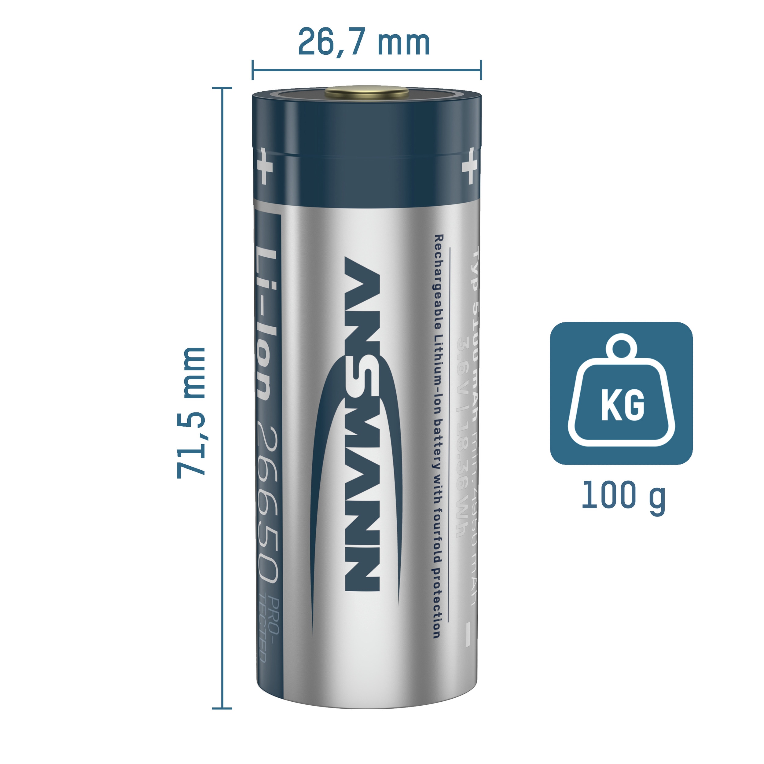 ANSMANN Li-Ion-Spezial-Akku 26650, 3,6 V, 5100mAh, mit USB-C Ladebuchse