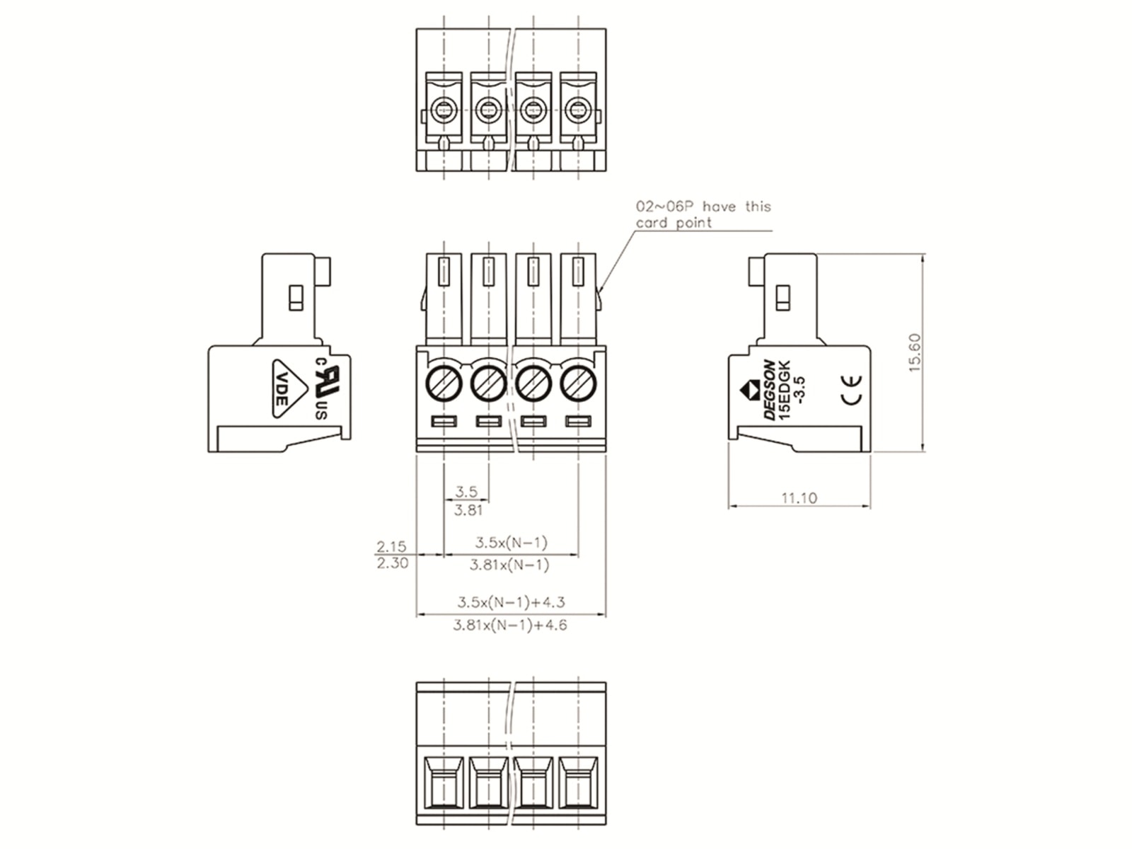 DEGSON Klemmleiste, 15EDGK-3.81-02P-14-00AH, vertikal 2 polig grün