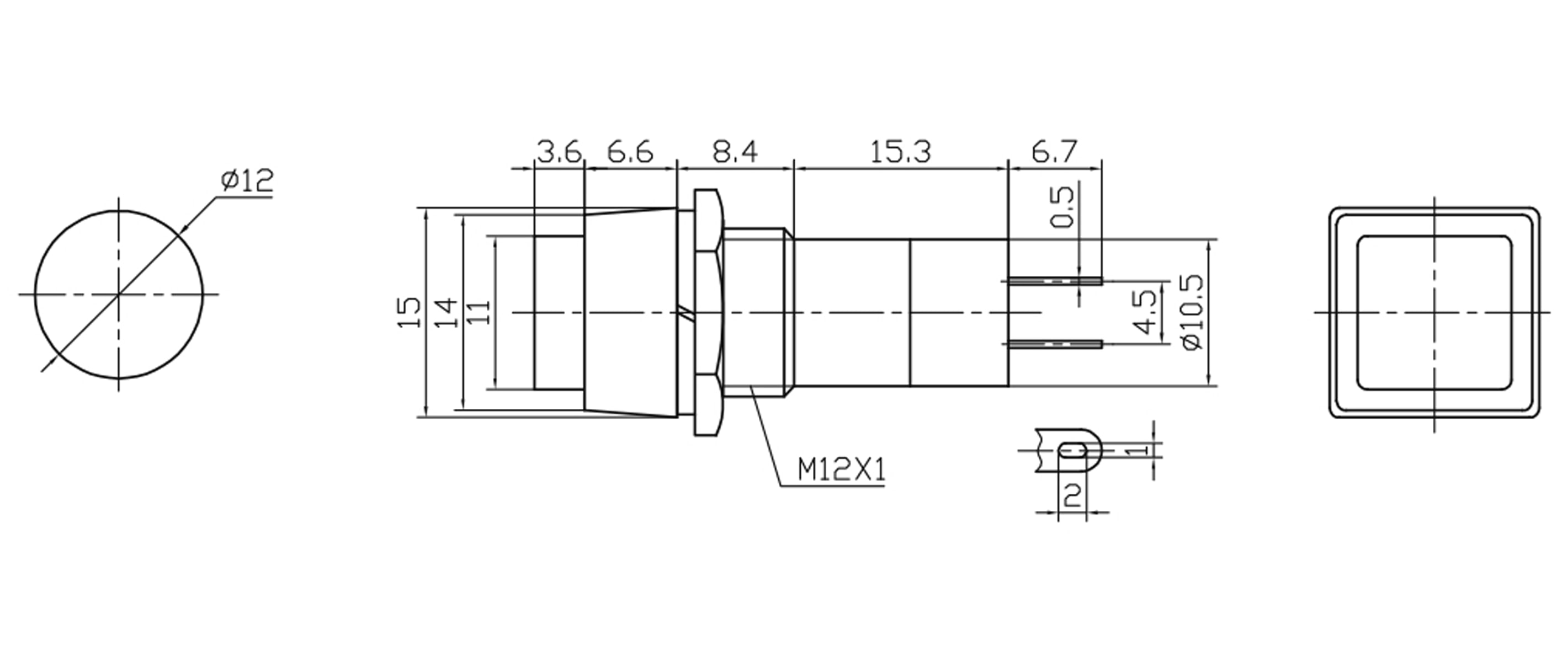Einbau-Druckschalter PBS-12A, quadratisch, Ein/Aus, blau