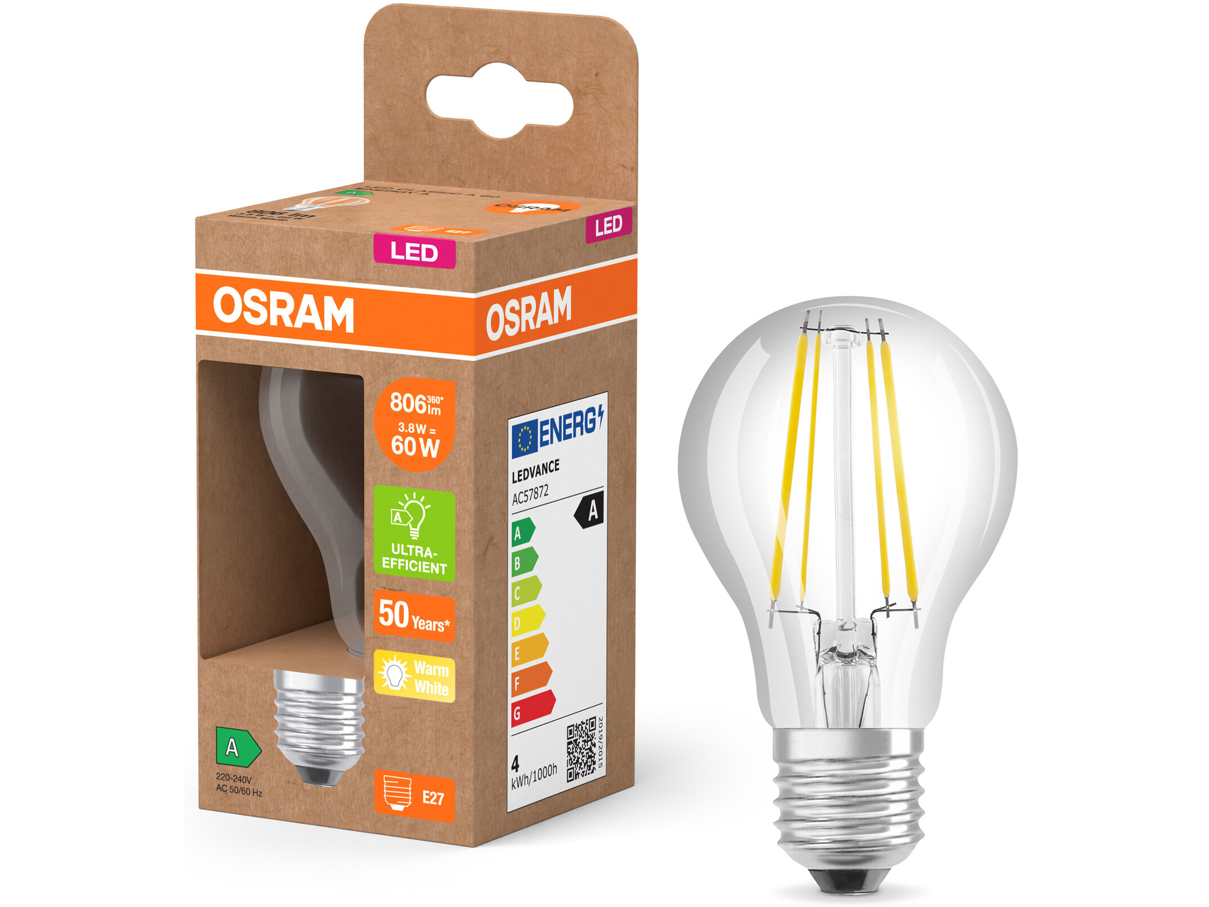 OSRAM LED-Lampe, Kolbenform, E27, 3,8 W, 2700 K, EEK: A, 806 lm, warmweiß