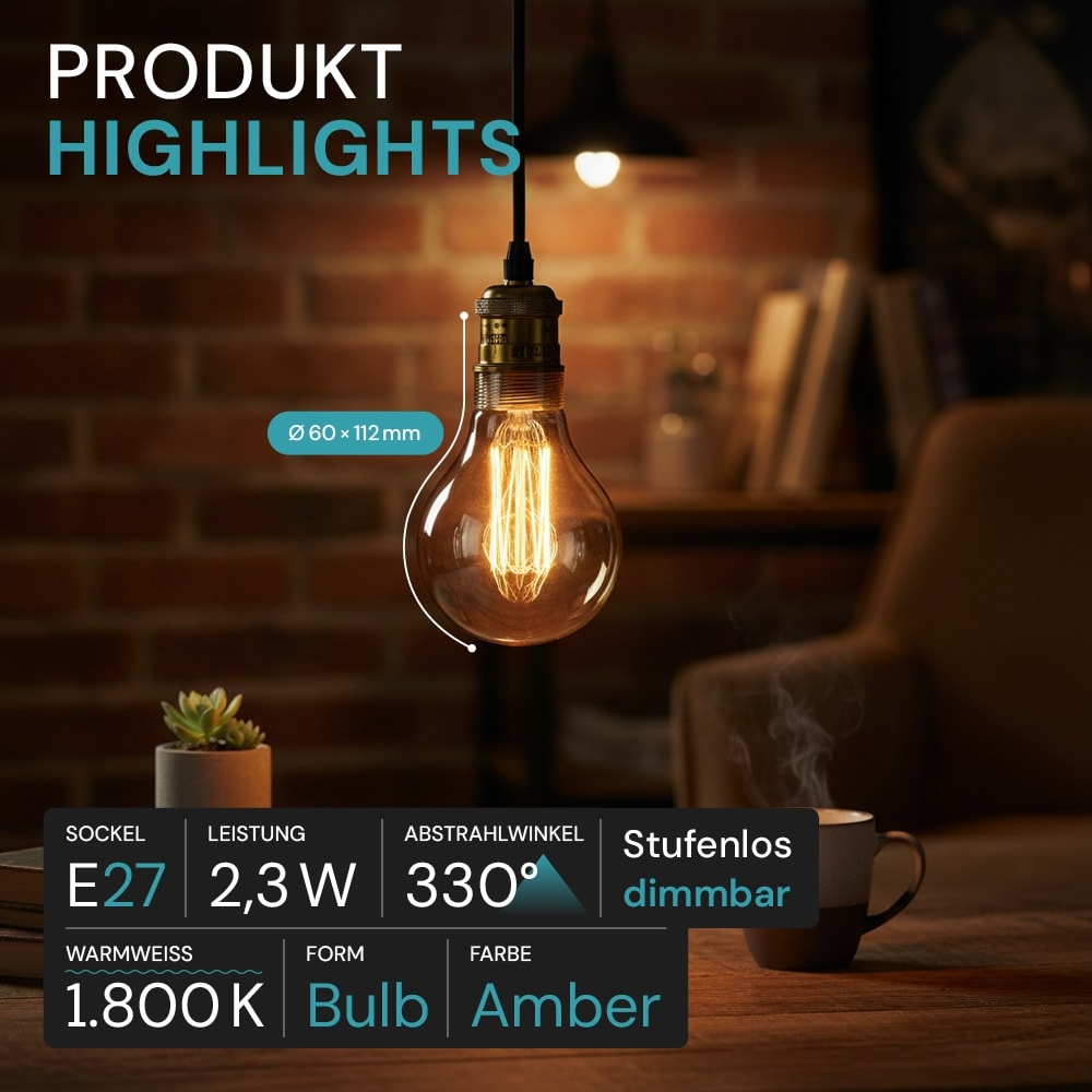 LUXULA LED-Filament-Lampe,, Vintage Bulb, E27, 2,3W, 65lm, 1800K
