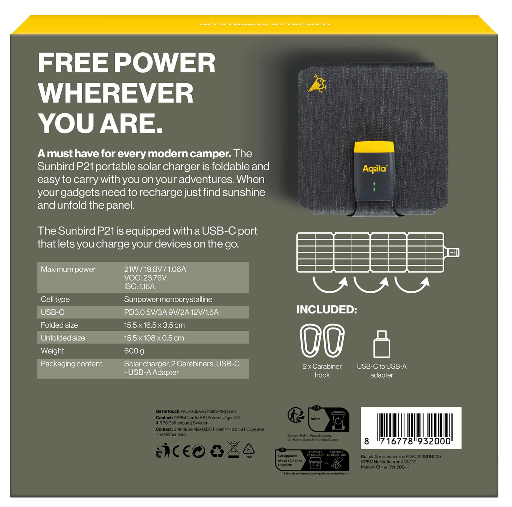 AQIILA Solarpanel Sunbird P21, 21 W, USB-C, schwarz