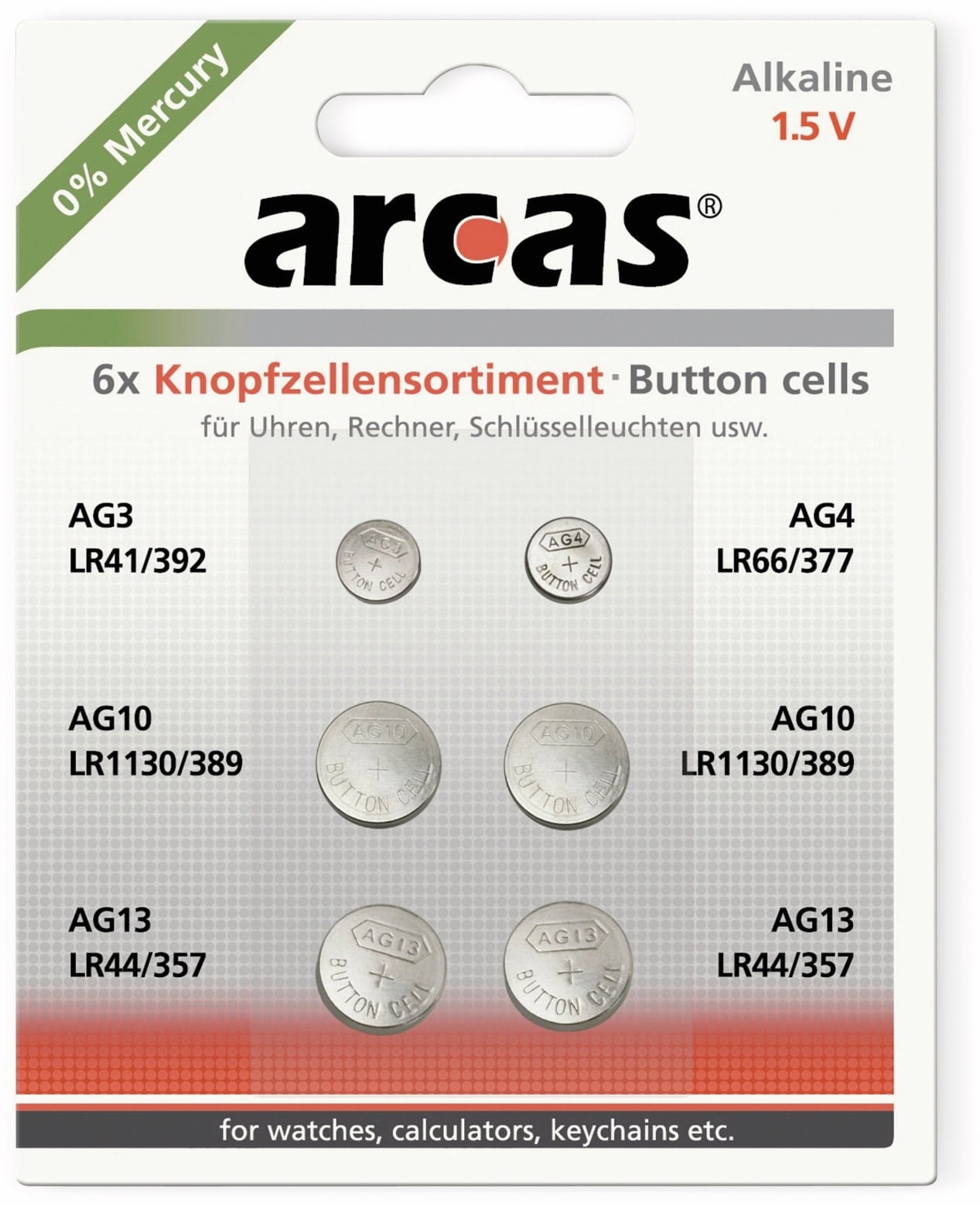 ARCAS Knopfzellen-Set, AG3, AG4, AG10, AG13, 6-teilig