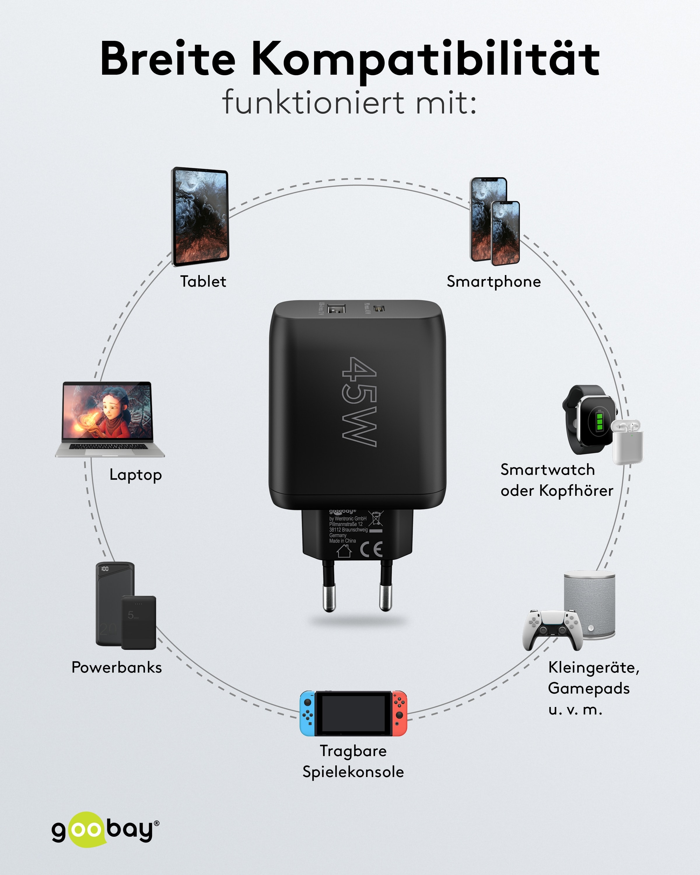GOOBAY USB-Lader 65411, 45 W, 2-fach, 1xC PD, 1xA GaN, schwarz GOOBAY USB-Lader 65411, 45 W, 2-fach, 1xC PD, 1xA GaN, schwarz