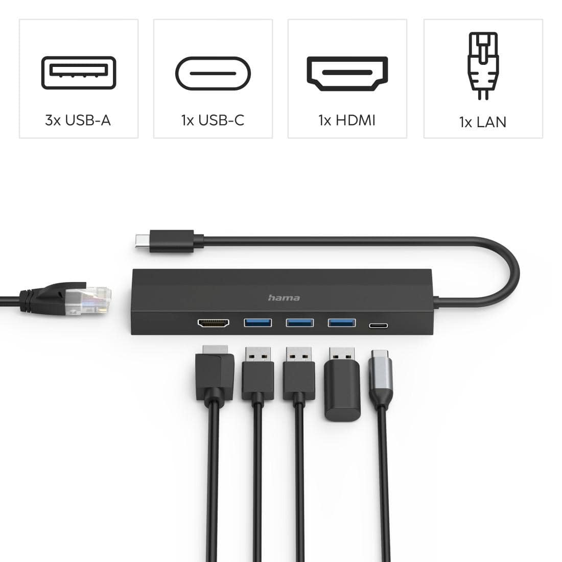 HAMA USB-C-Hub, Multiport, 6 Ports, 3x USB-A, USB-C, HDMI™, LAN/Ethernet HAMA USB-C Hub Mulitport