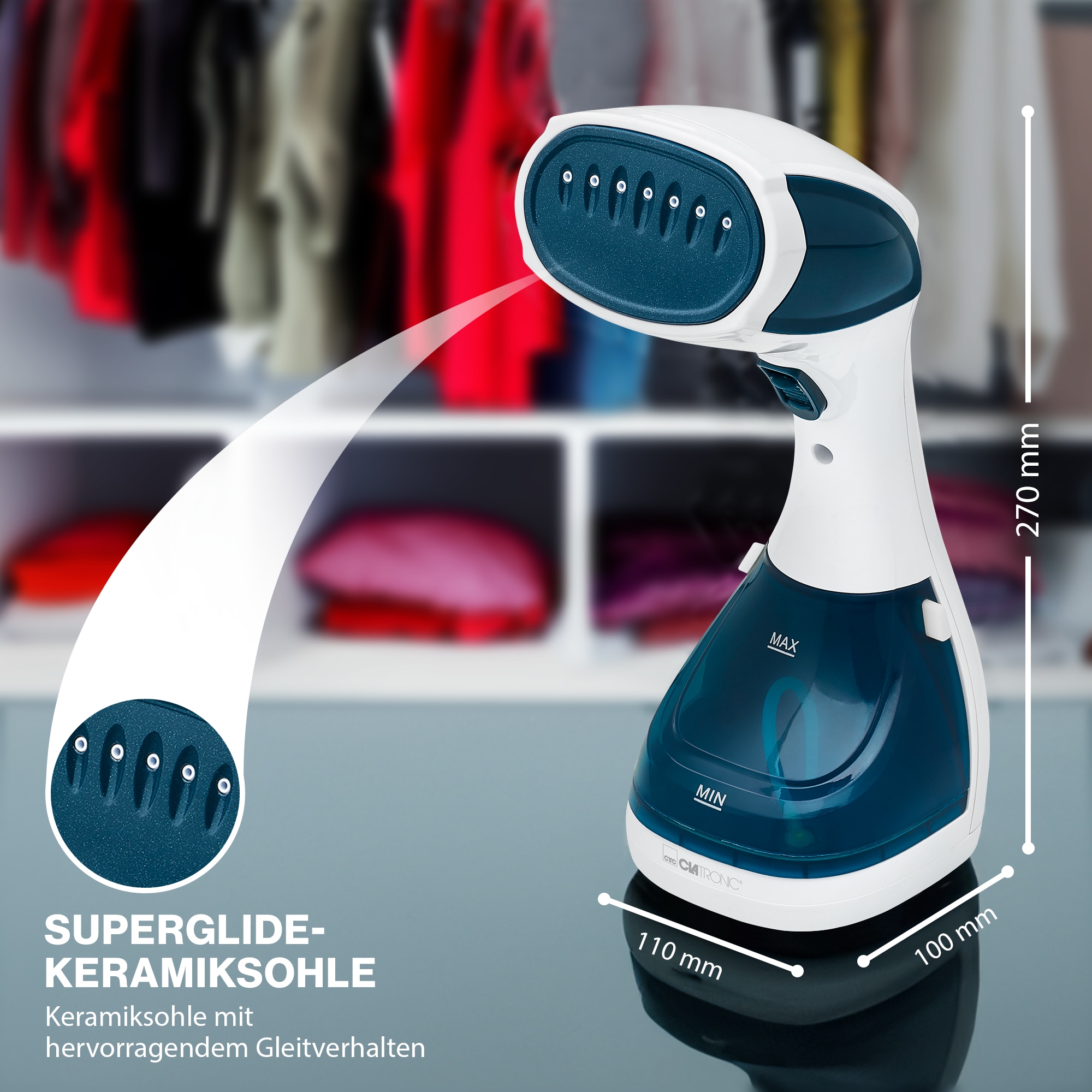 CLATRONIC Dampfglätter DB 3717, inkl. Bürsten- und Flusenaufsatz, 1100 W, weiß/blau