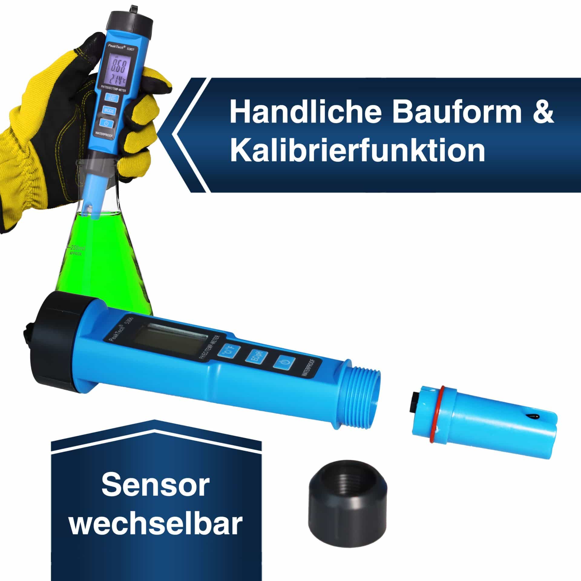 PEAKTECH PH-Messgerät P 5307, Stiftform, für PH/EC/TDS/TEMP
