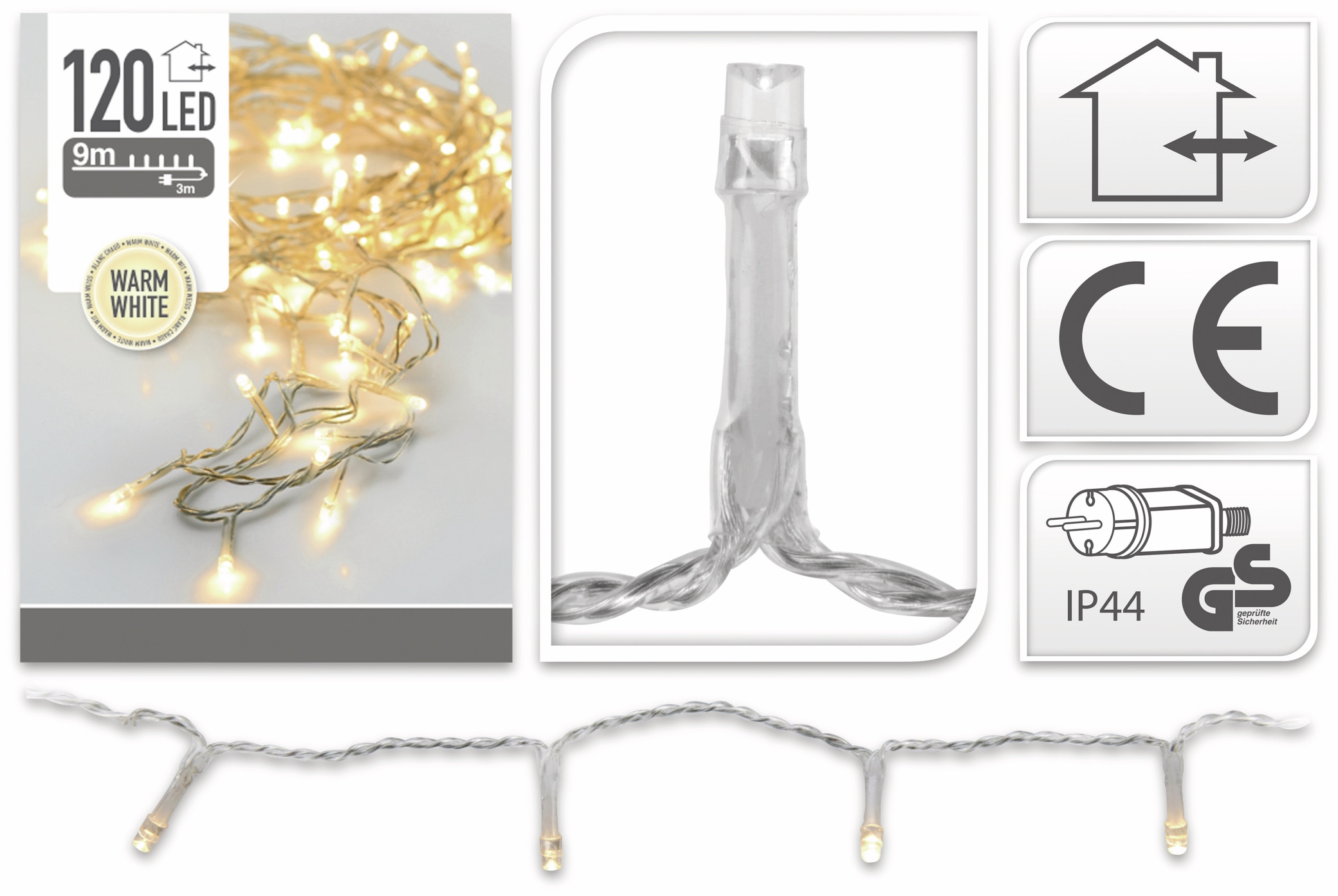 LED-Lichterkette, 120 LEDs, warmweiß, 230 V~, transparent, Innen/Außen, 12 m