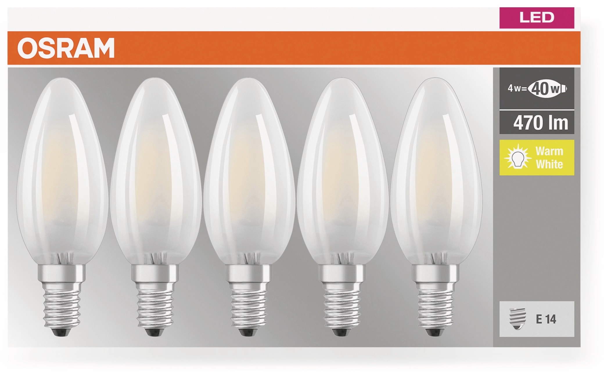 OSRAM LED-Lampe BASE CLAS A, E14, EEK: E, 4W, 470 lm, 2700 K, 5 Stk. matt
