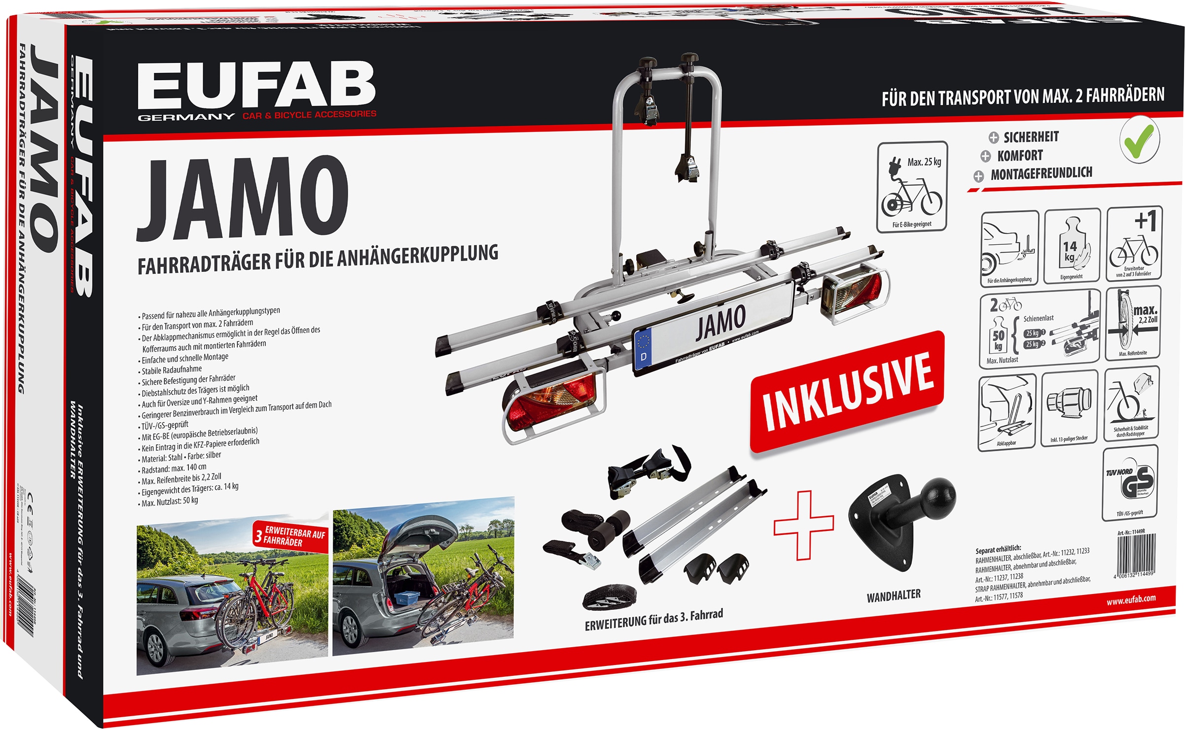 EUFAB Fahrradträger JAMO, für 2 Fahrräder, inkl. Erweiterung und Wandhalterung
