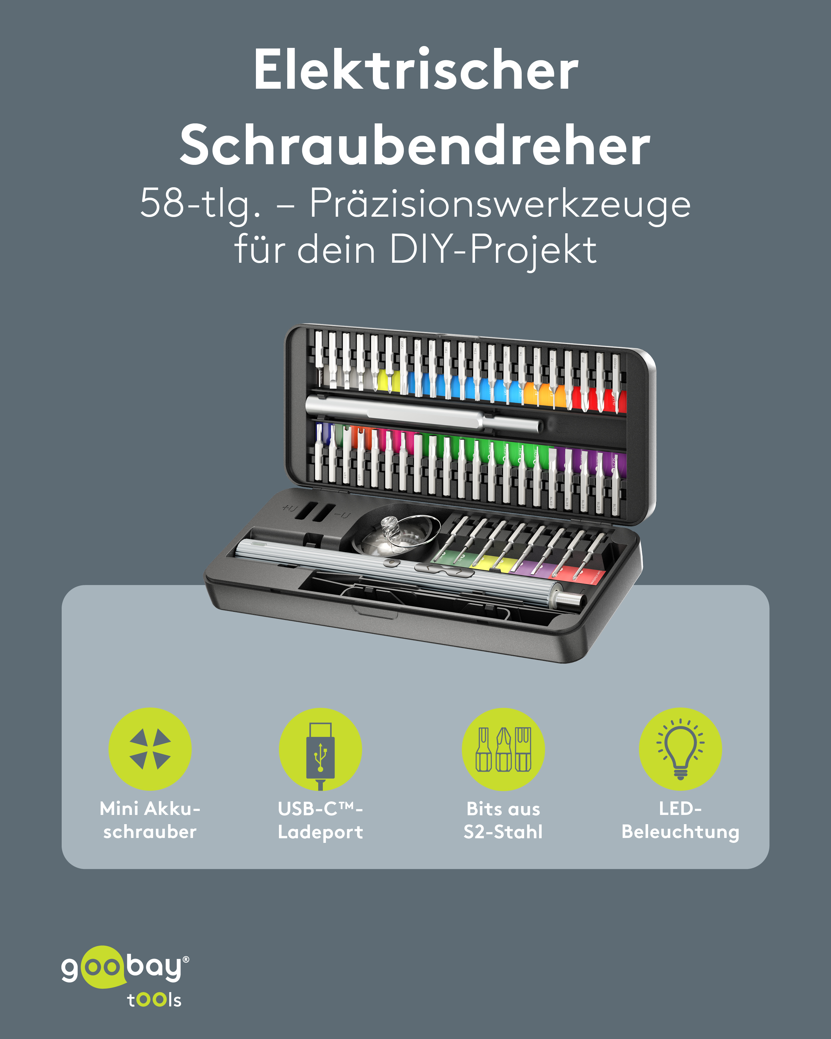 GOOBAY TOOLS 58in1 Elektrischer Schraubendreher, 77839, mit 50-tlg. Präzisions-Bitsatz