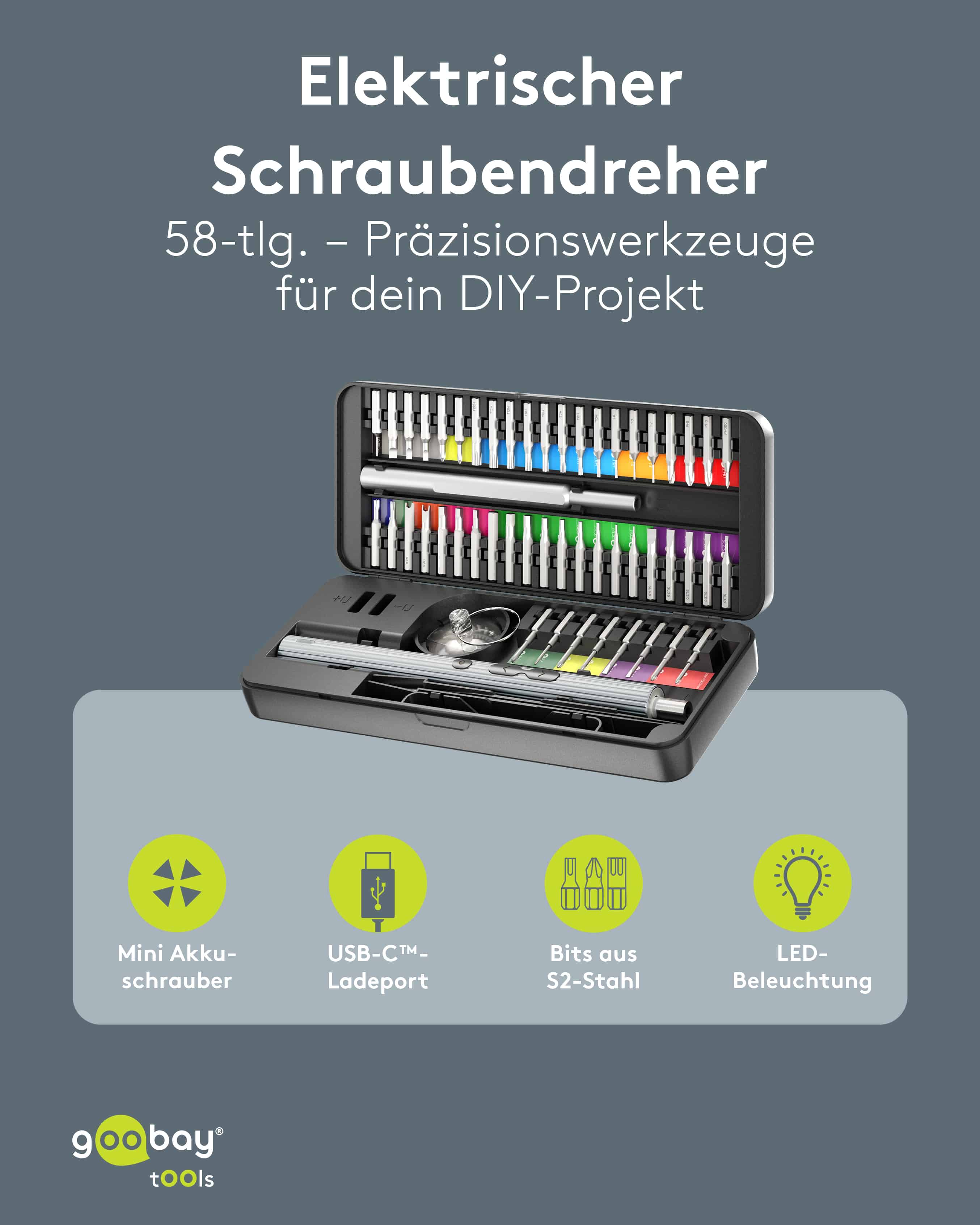 GOOBAY TOOLS 58in1 Elektrischer Schraubendreher, 77839, mit 50-tlg. Präzisions-Bitsatz