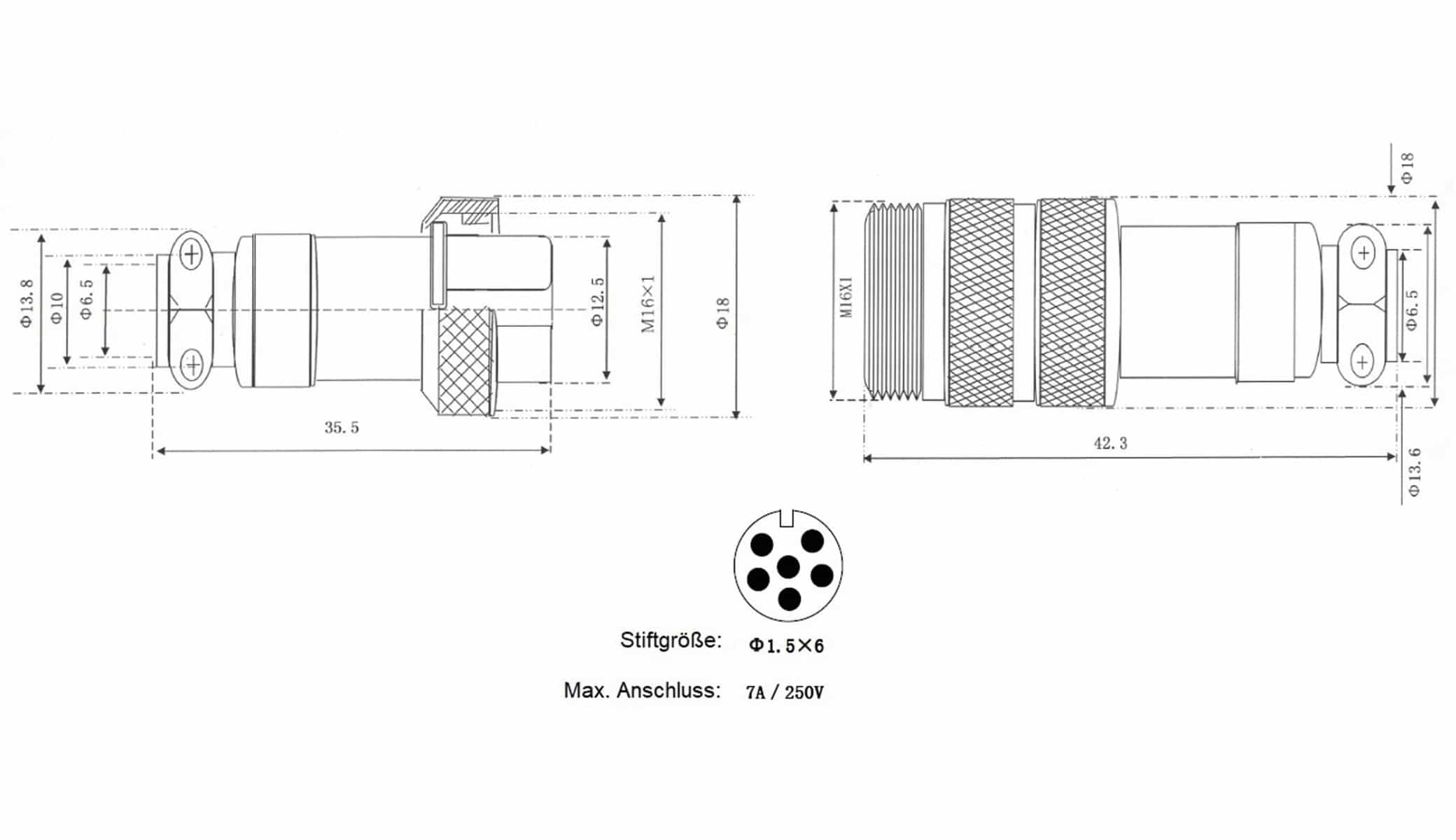 Hochstrom Steckverbinder-Set, 6-polig, Ø 16 mm, Schraubverschluss Hochstrom Steckverbinder-Set, 6-polig, Ø 16 mm, Schraubverschluss
