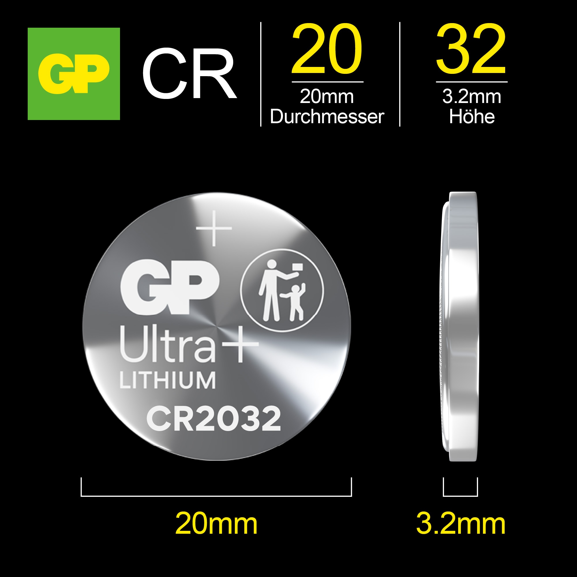 GP Ultra Plus, CR2032 Lithium Knopfzelle, 3 V, 5 Stück GP Ultra Plus, CR2032 Lithium Knopfzelle, 3 V, 5 Stück