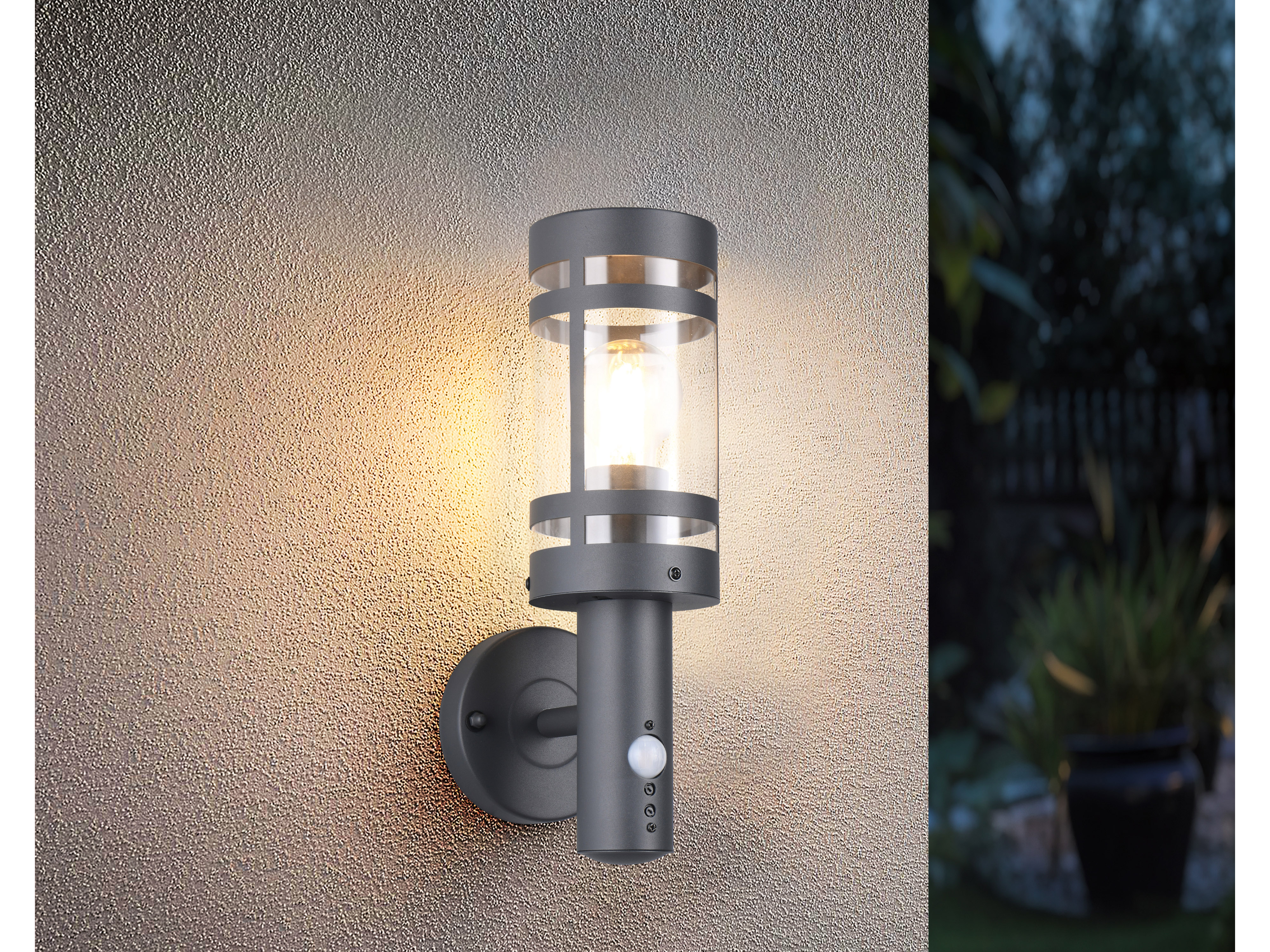 REALITY Wandleuchte PALOMA R21719142, E27, 28W, IP44, ohne Leuchtmittel, Bewegungsmelder, grau