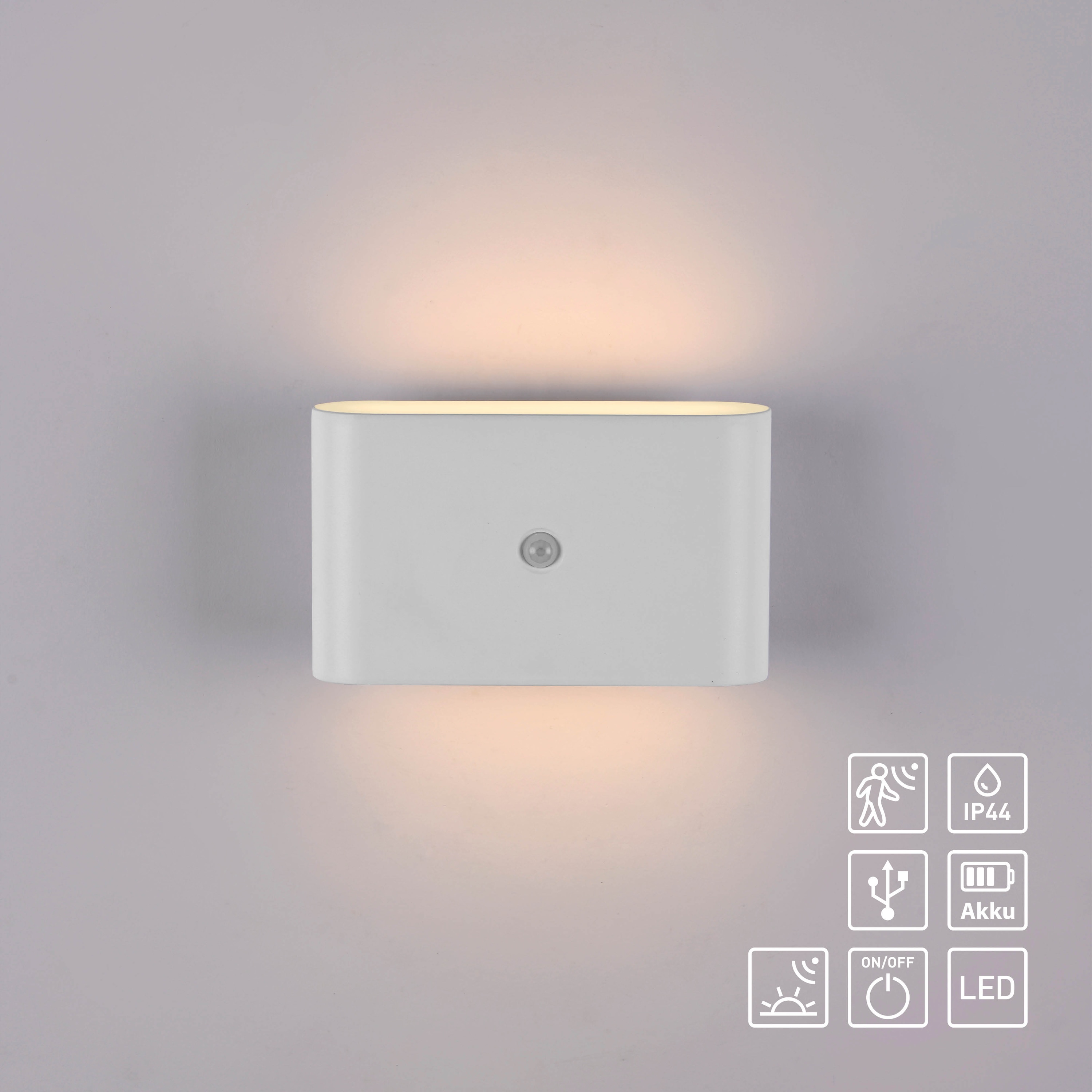 JUST LIGHT LED-Akku-Wandleuchte 19475-16, 3W, 3000K, 300lm, warmweiß, IP44, weiß