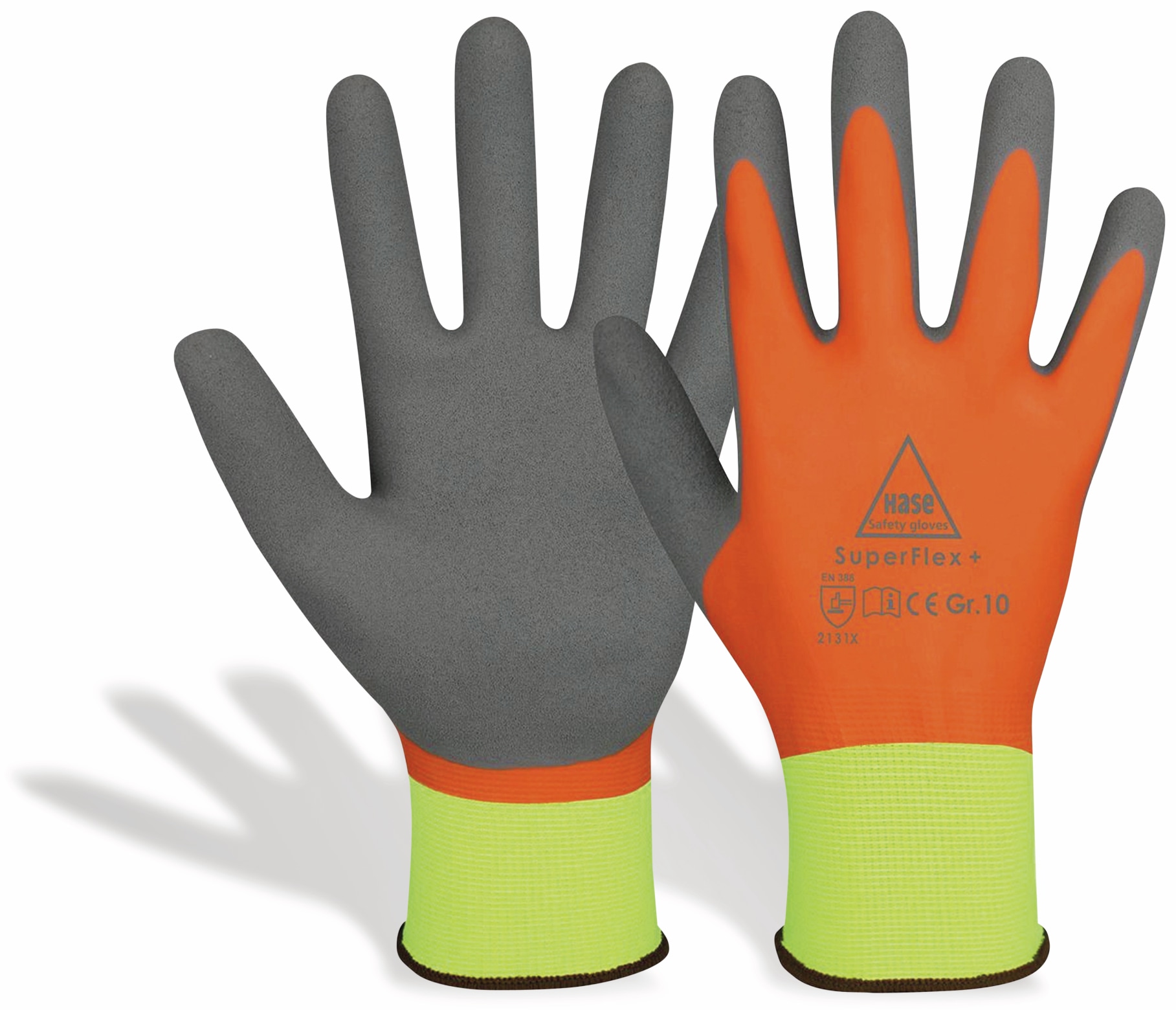 HASE SAFETY GLOVES Latex-Arbeitshandschuhe SuperFlex+, EN388, EN 420, neongelb/orange, Größe 9