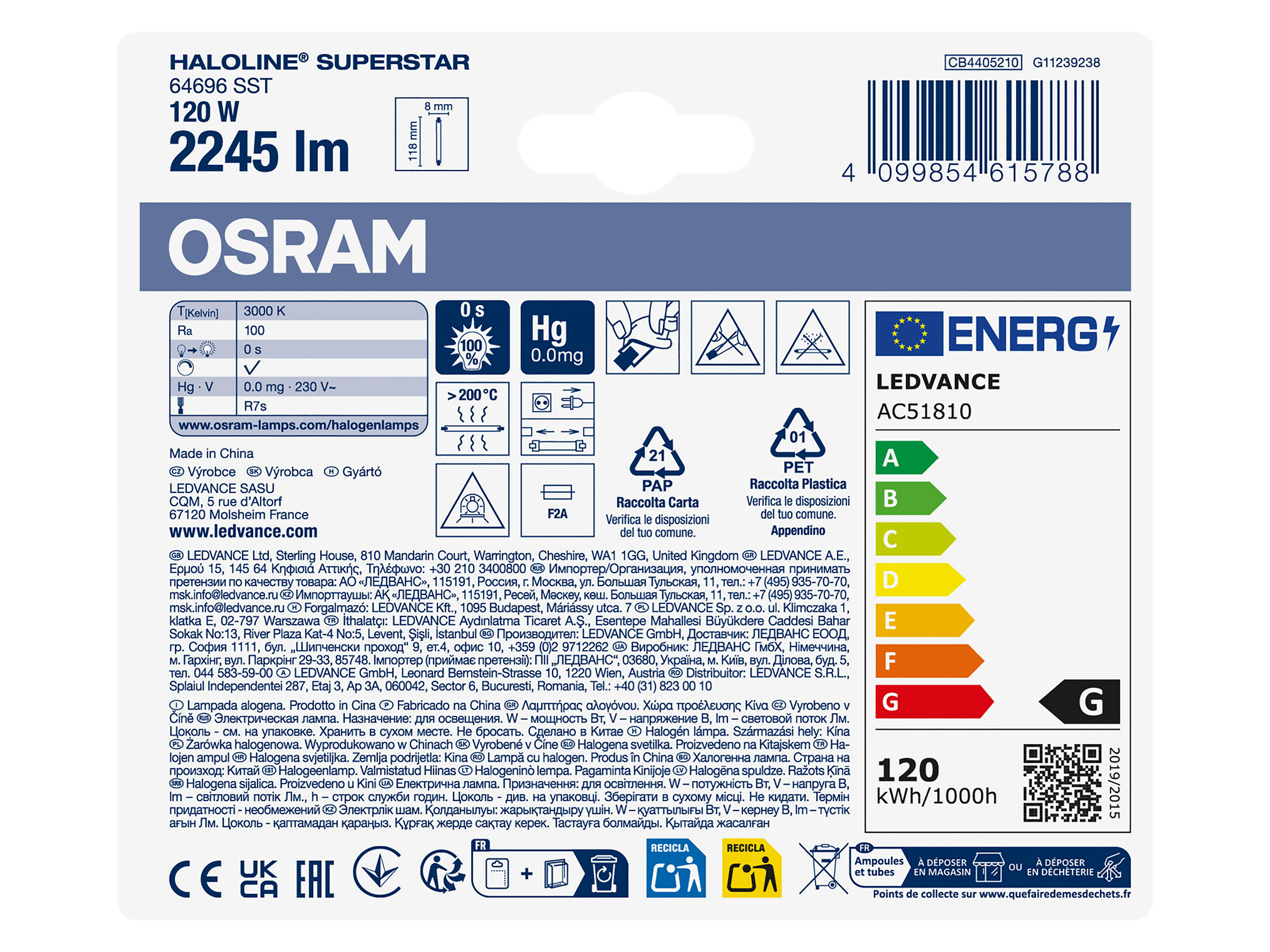 OSRAM Halogenlampe, zweiseitig gesockelt, R7s, 120W, 3000K, warmweiß, 2245lm