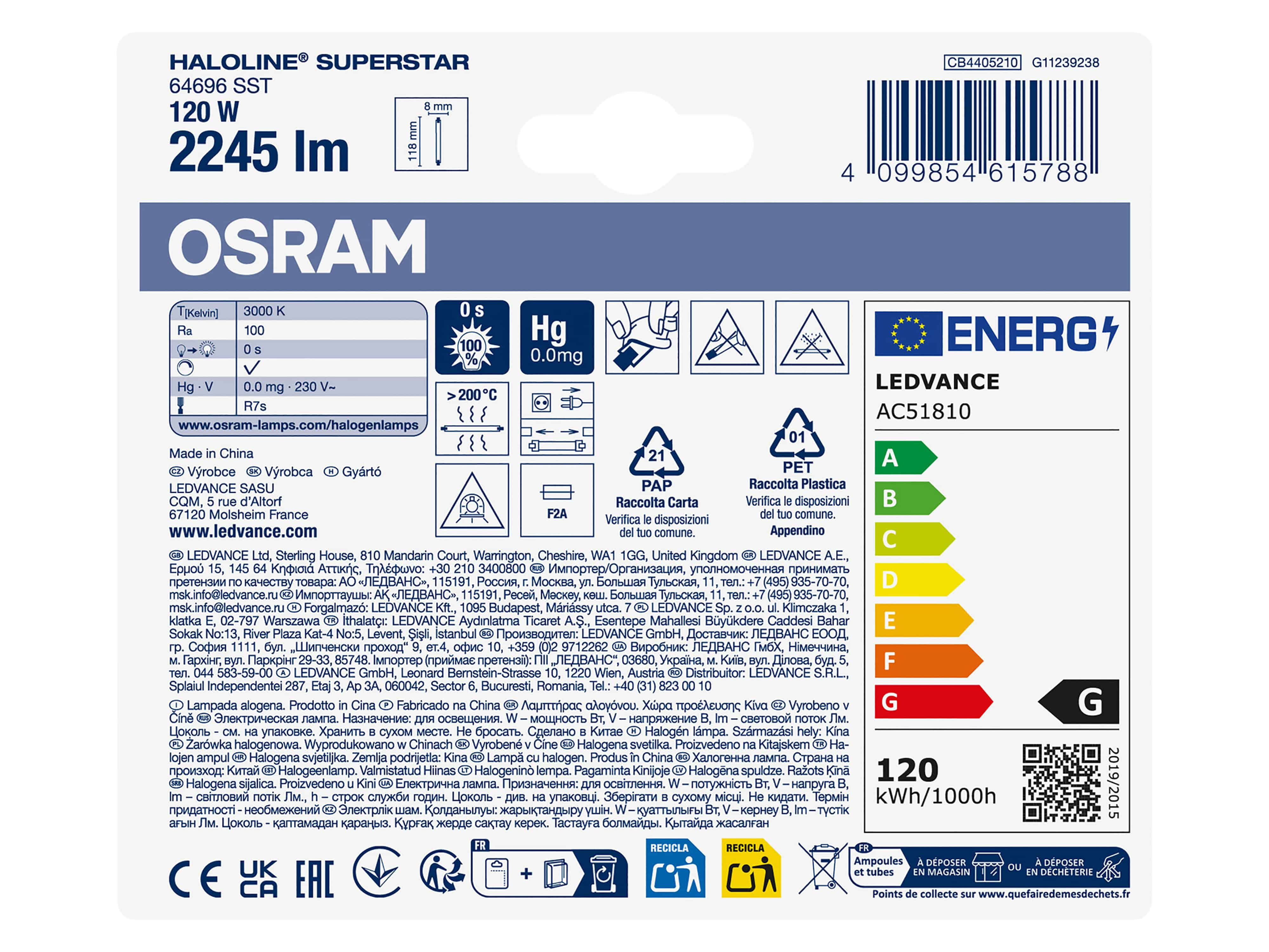 OSRAM Halogenlampe, zweiseitig gesockelt, R7s, 120W, 3000K, warmweiß, 2245lm, 2 Stück OSRAM Halogenlampe, zweiseitig gesockelt, R7s, 120W, 3000K, warmweiß, 2245lm