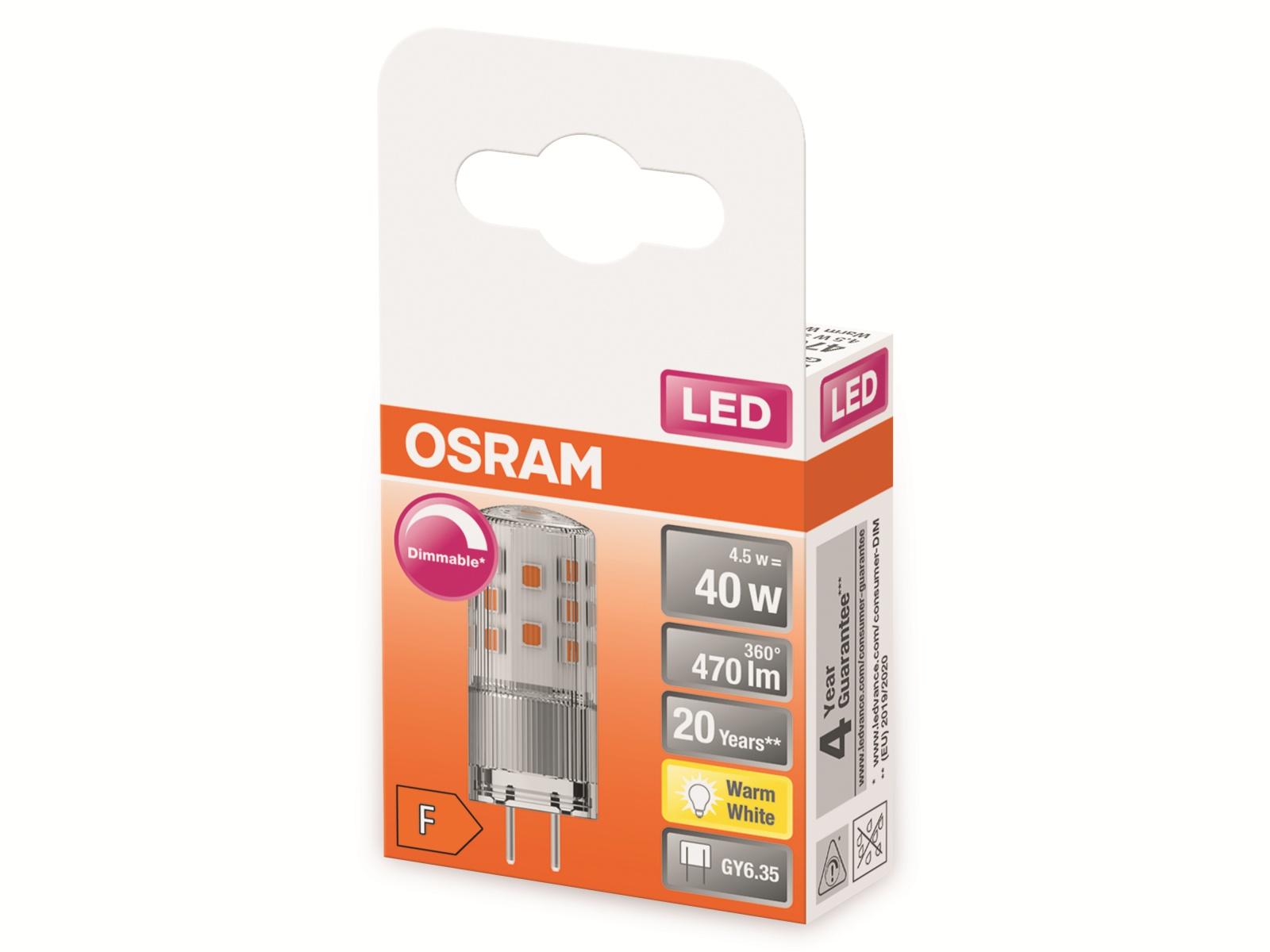 OSRAM LED-Stiftsockellampe, PIN35, GY6.35, EEK: F, 4,5W, 470lm, 2700K OSRAM LED-Stiftsockellampe, PIN35, GY6.35, EEK: F, 4,5W, 470lm, 2700K