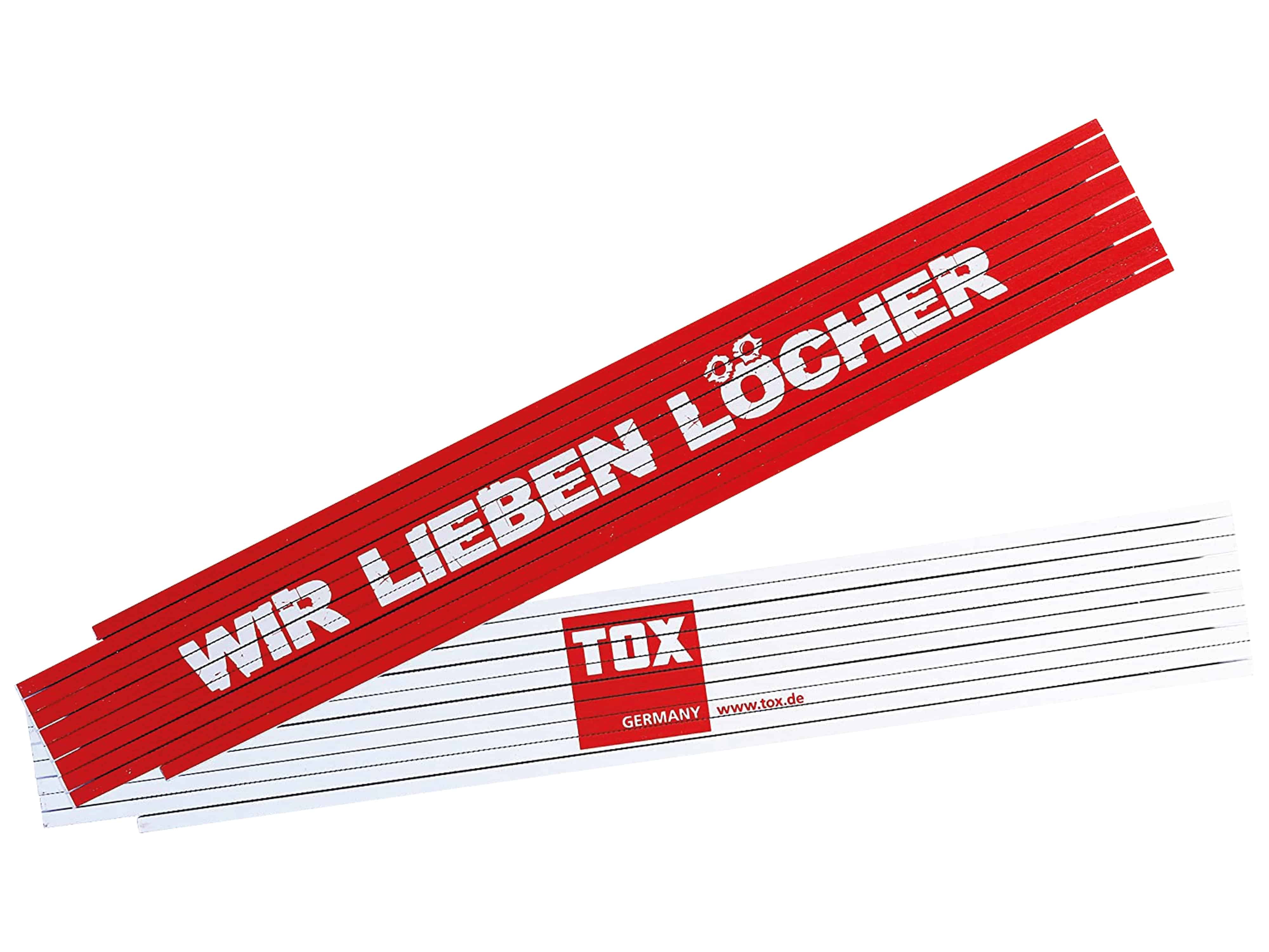 TOX Meterstab, Aufdruck:...wir lieben Löcher!, 2 m TOX Meterstab, Aufdruck:...wir lieben Löcher!, 2 m