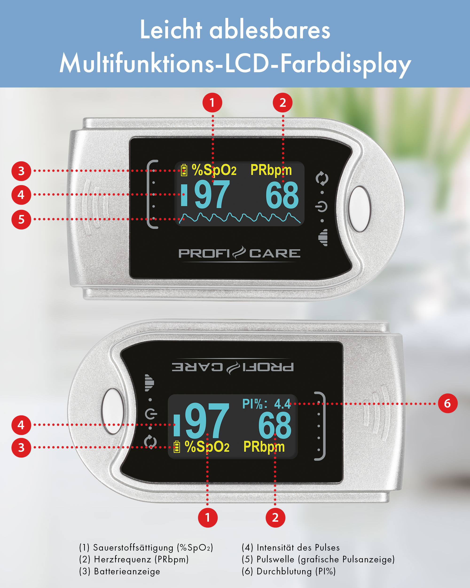 PROFICARE Pulsoximeter PC-PO 3104, 3 in 1, Blutsauerstoff-Messgerät