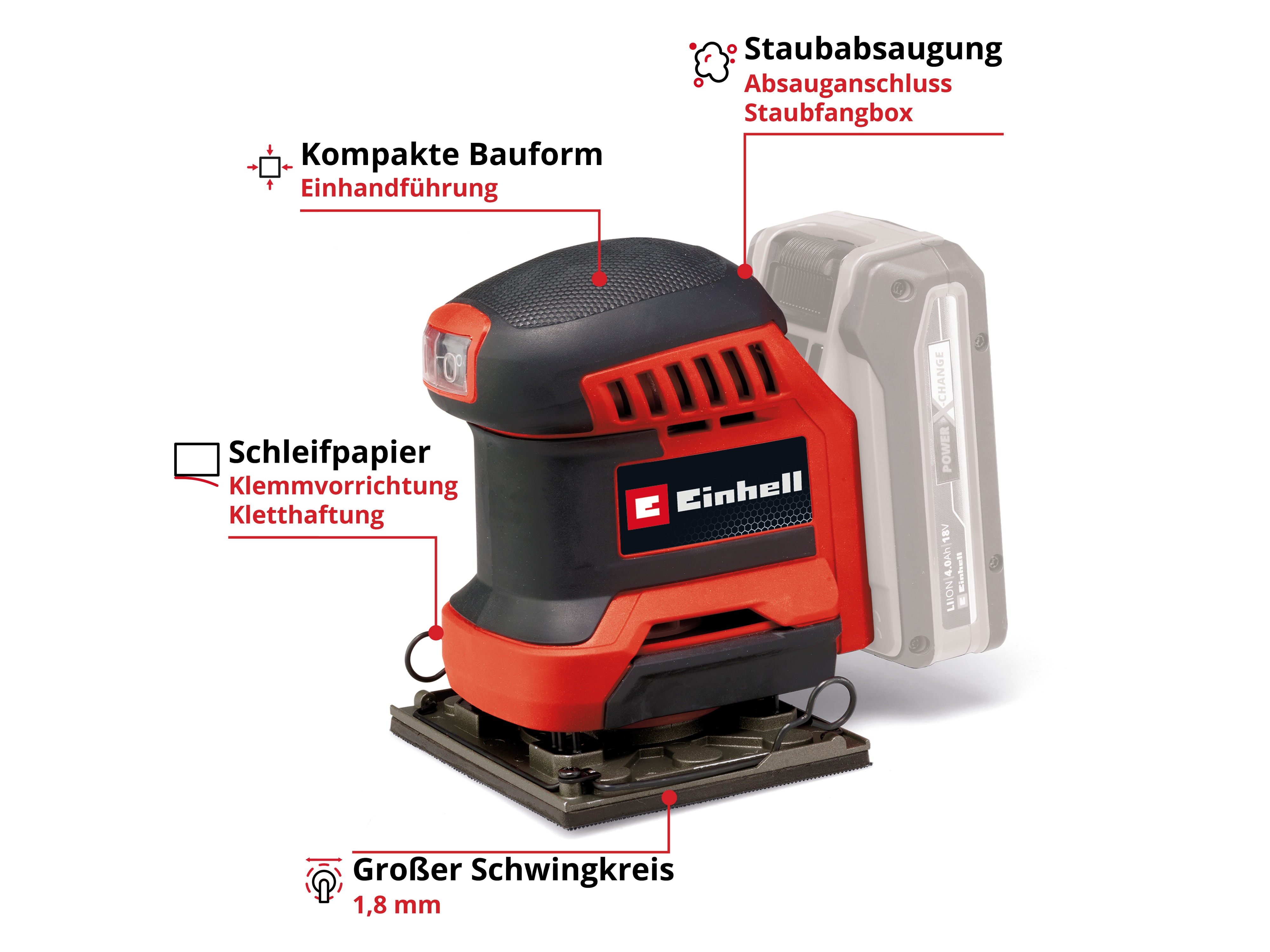 EINHELL Akku-Faustschleifer TE-OS 18/113 Li, Solo
