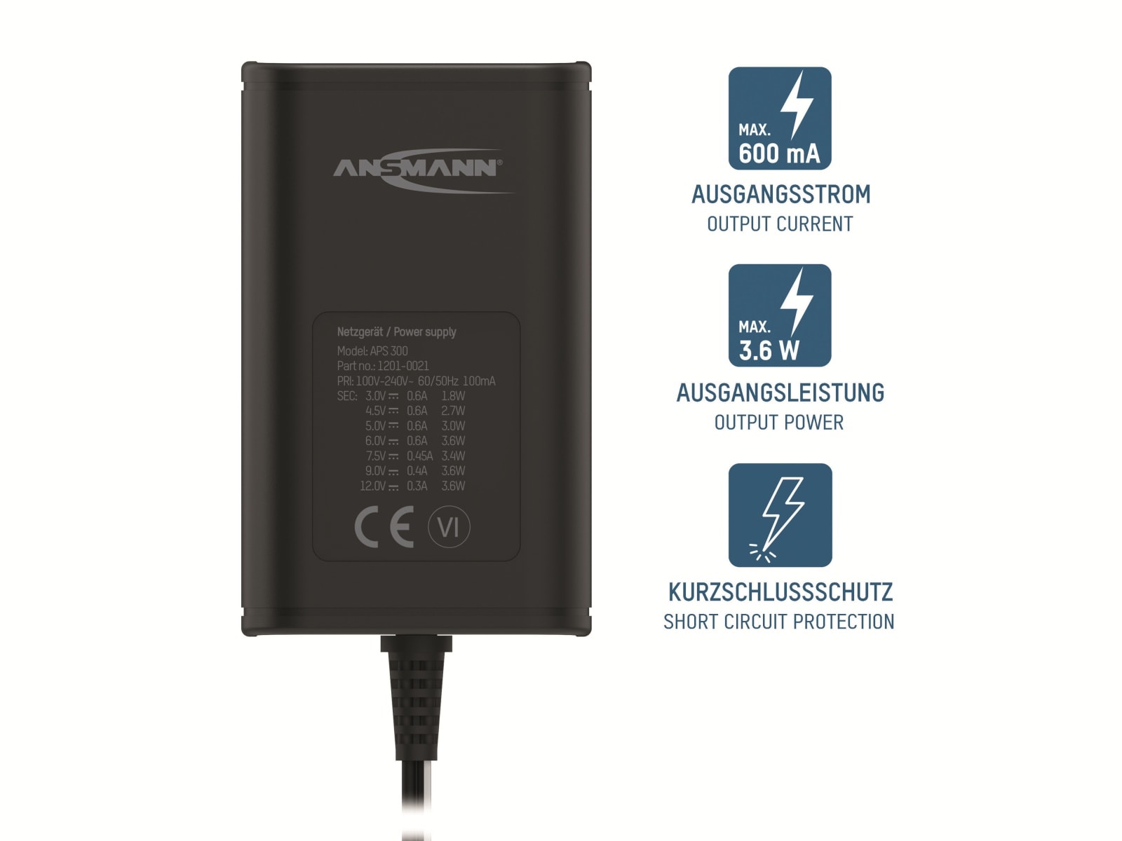 ANSMANN Universal-Netzteil APS 300, 3,6W, Ladestrom max. 0,6A, 3-12V-