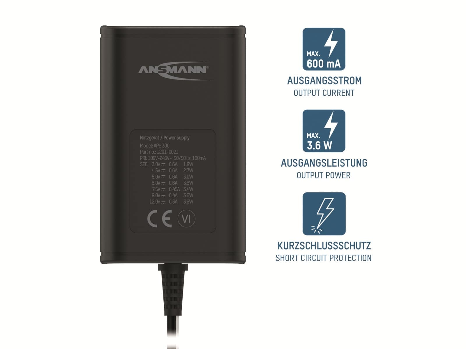ANSMANN Universal-Netzteil APS 300, 3,6W, Ladestrom max. 0,6A, 3-12V-