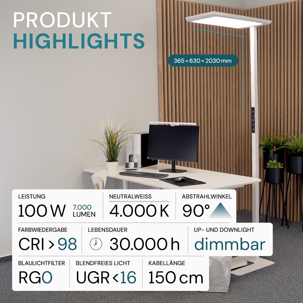 LUXULA LED-Büro-Stehleuchte, Up/Down, 100W, 4000K, EEK: F, 7000lm, IP20, dimmbar, weiß
