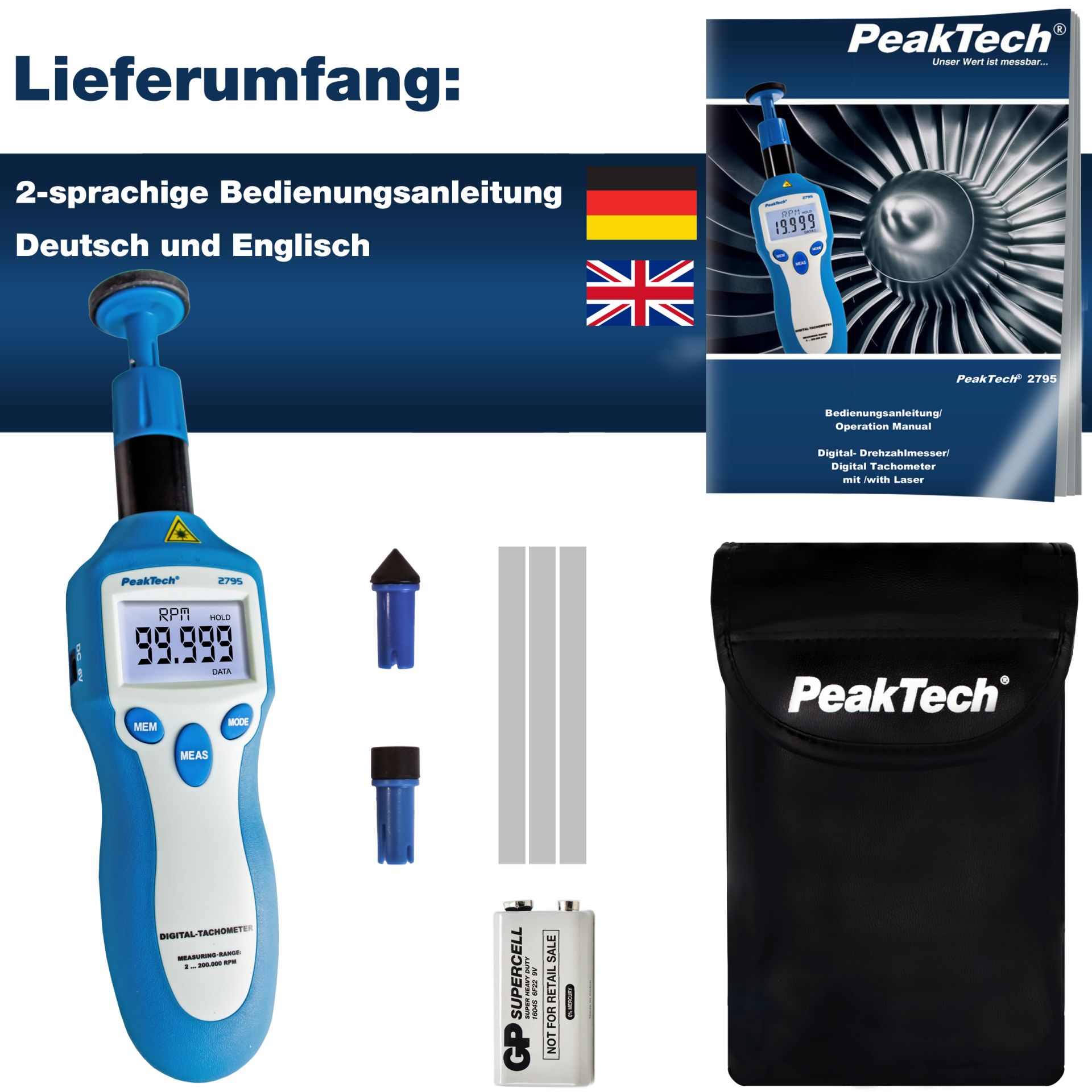 PEAKTECH Drehzahlmessgerät P 2795, Photo-Kontakt-Typ mit Laser