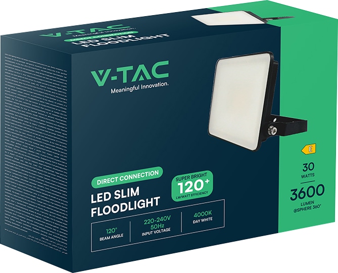V-TAC LED-Fluter, VT-4429-FC, EEK: E, 30 W, 3600 lm, 6500 K, IP65, kaltweiß