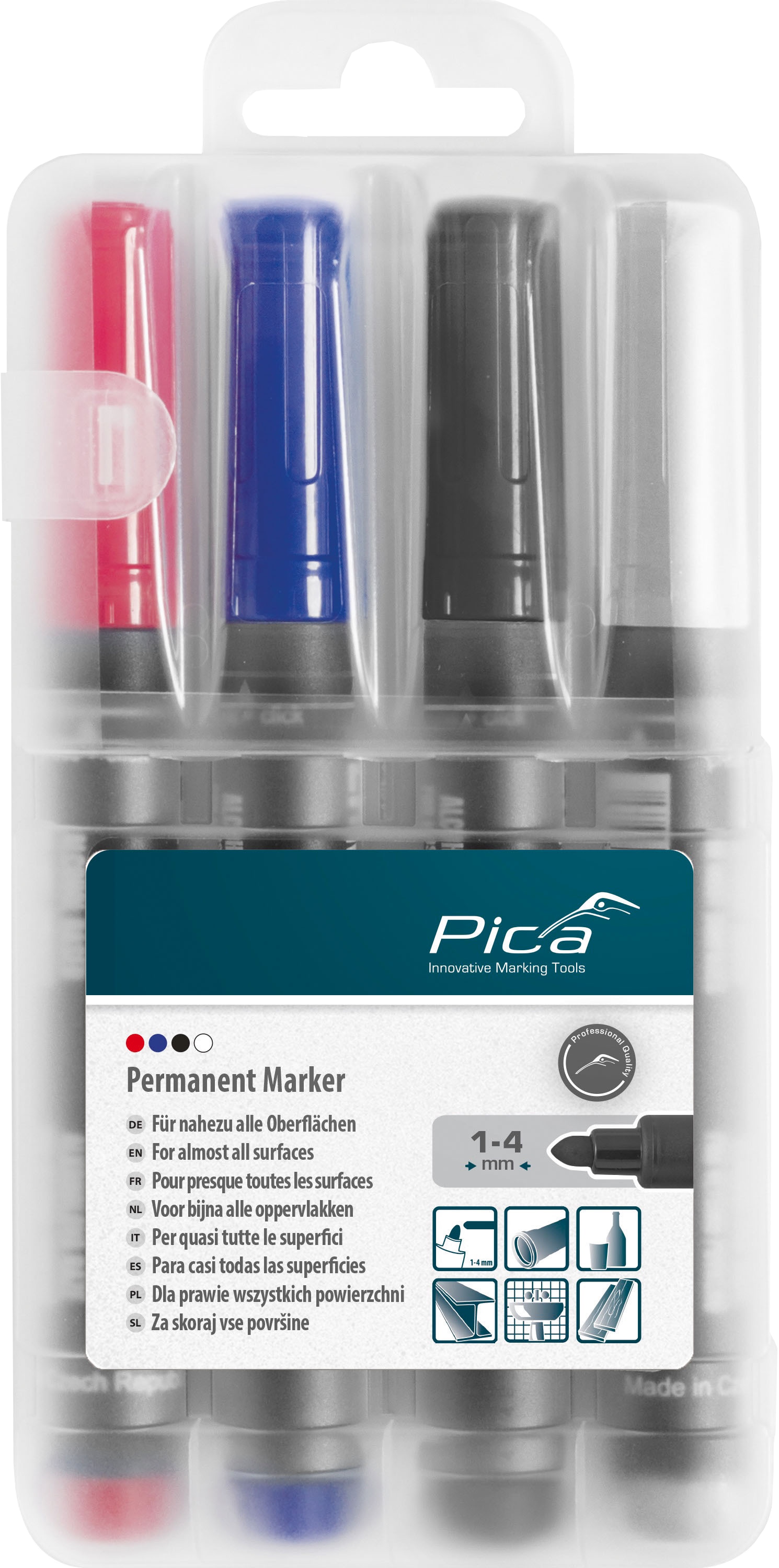 PICA Classic Permanent Marker 4er Set, 520/04, Rundspitze, schwarz/rot/blau/weiß PICA Classic Permanent Marker 4er Set, 520/04, Rundspitze, schwarz/rot/blau/weiß