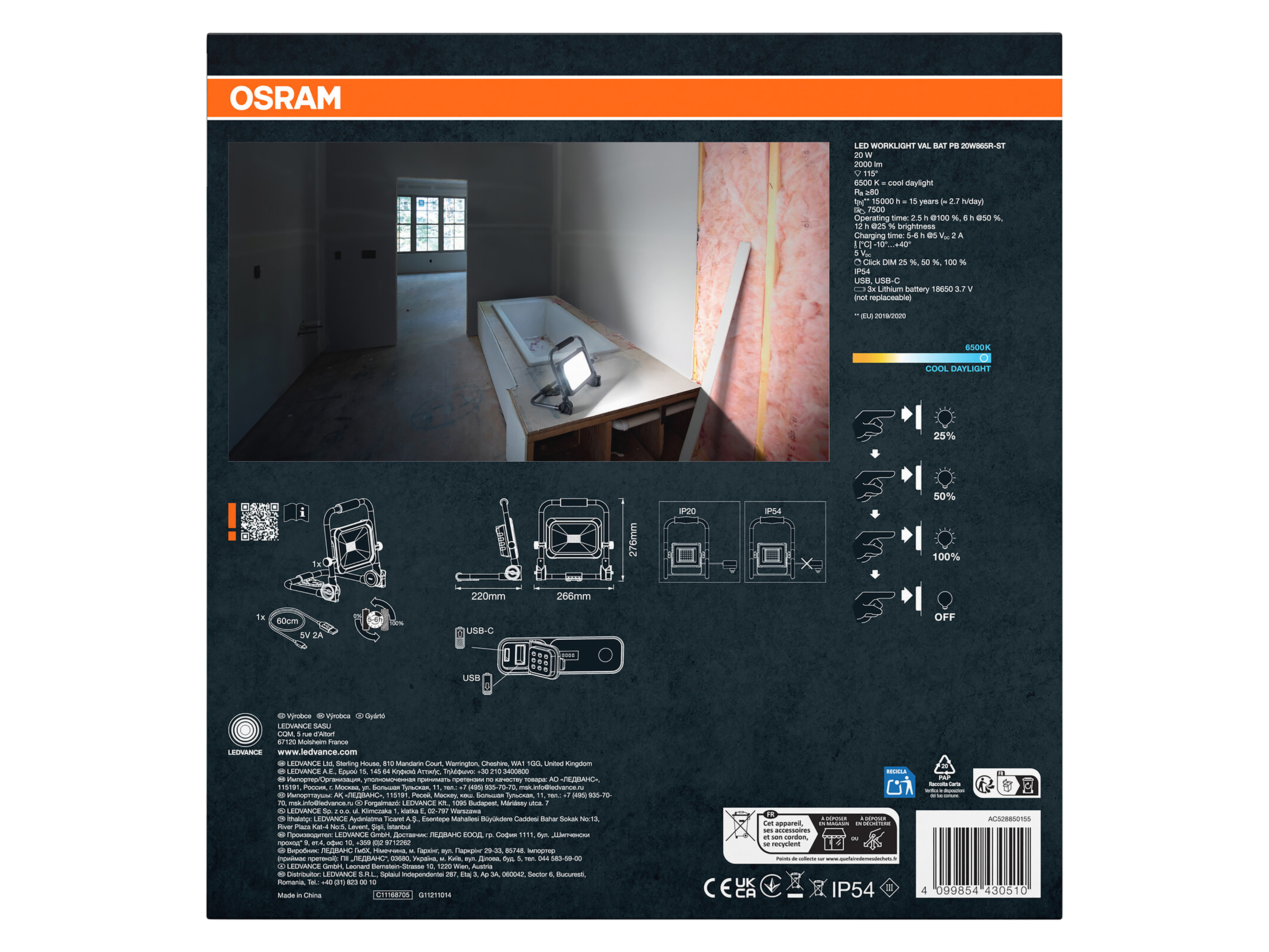 OSRAM LED-Arbeitsleuchte, 20W, 6500K, 2000lm, kaltweiß, IP54, schwarz