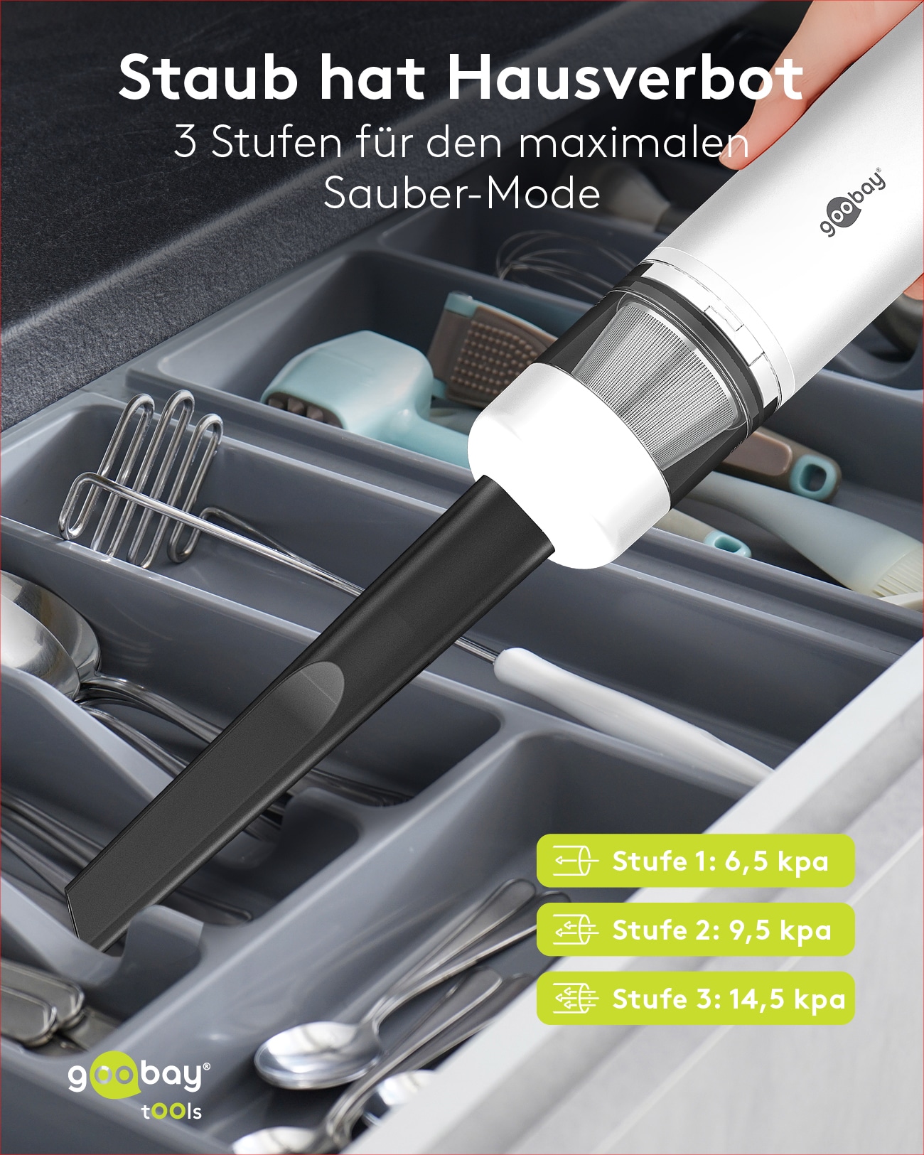 GOOBAY TOOLS Akku-Handstaubsauger, 80 W, mit 10 Aufsätzen, weiß