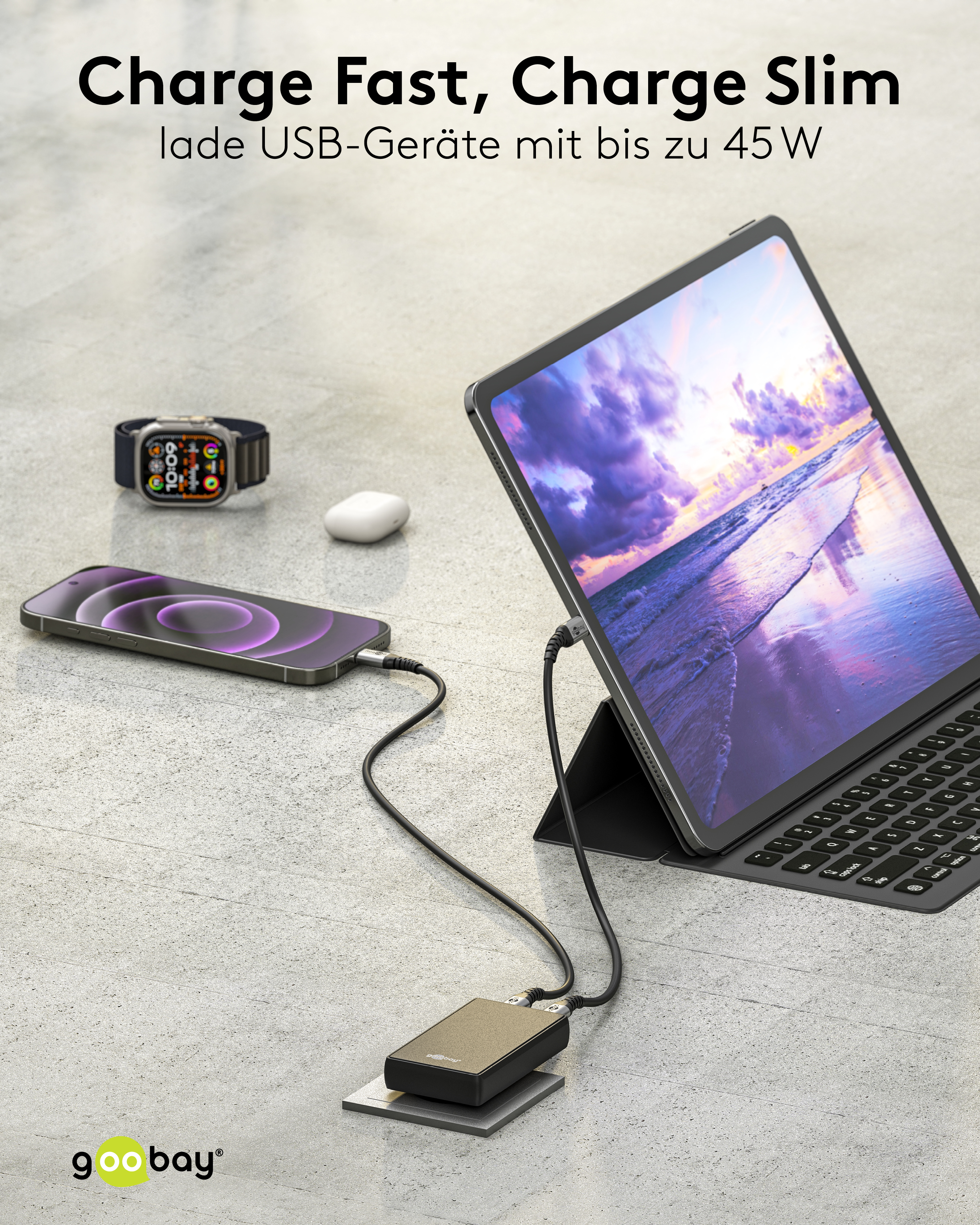 GOOBAY Dual-Schnellladegerät, 45W, 1x USB-C, 1x USB-A, 90° abgewickelt, flach, schwarz