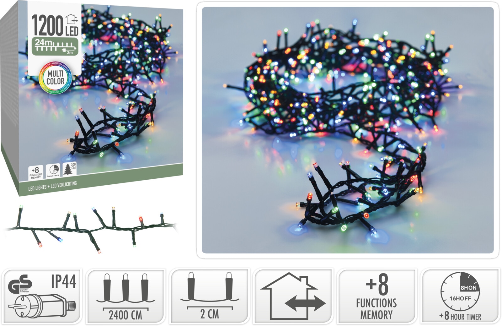 KOOPMAN LED-Clusterlichterkette bunt, 1200 LEDs, Grünes Kabel, Innen/Außen, 27m