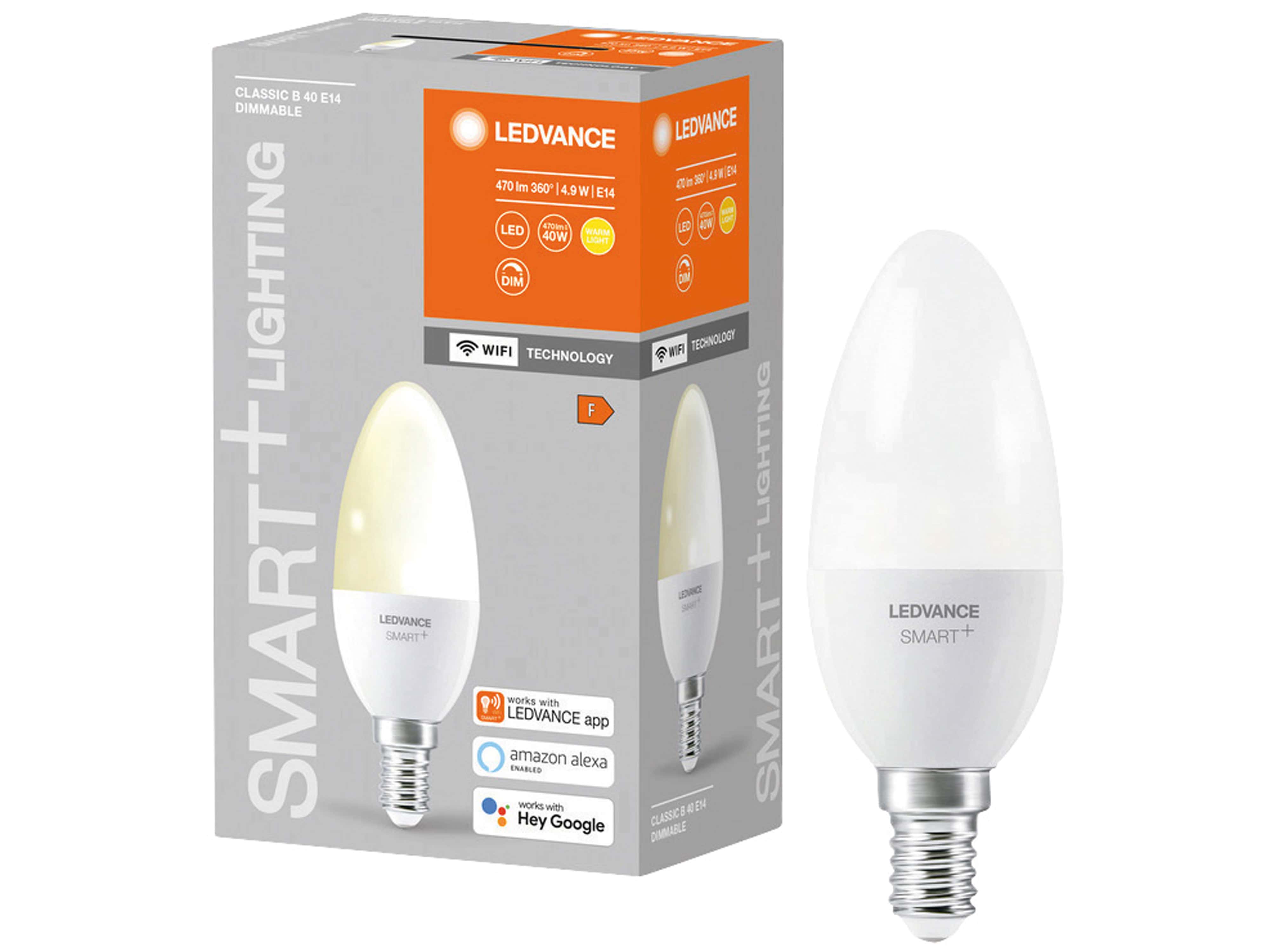 LEDVANCE LED-Lampe SMART+ WiFi Candle, B40, E14, EEK: F, 4,9 W, 470 lm, 2700 K, Smart