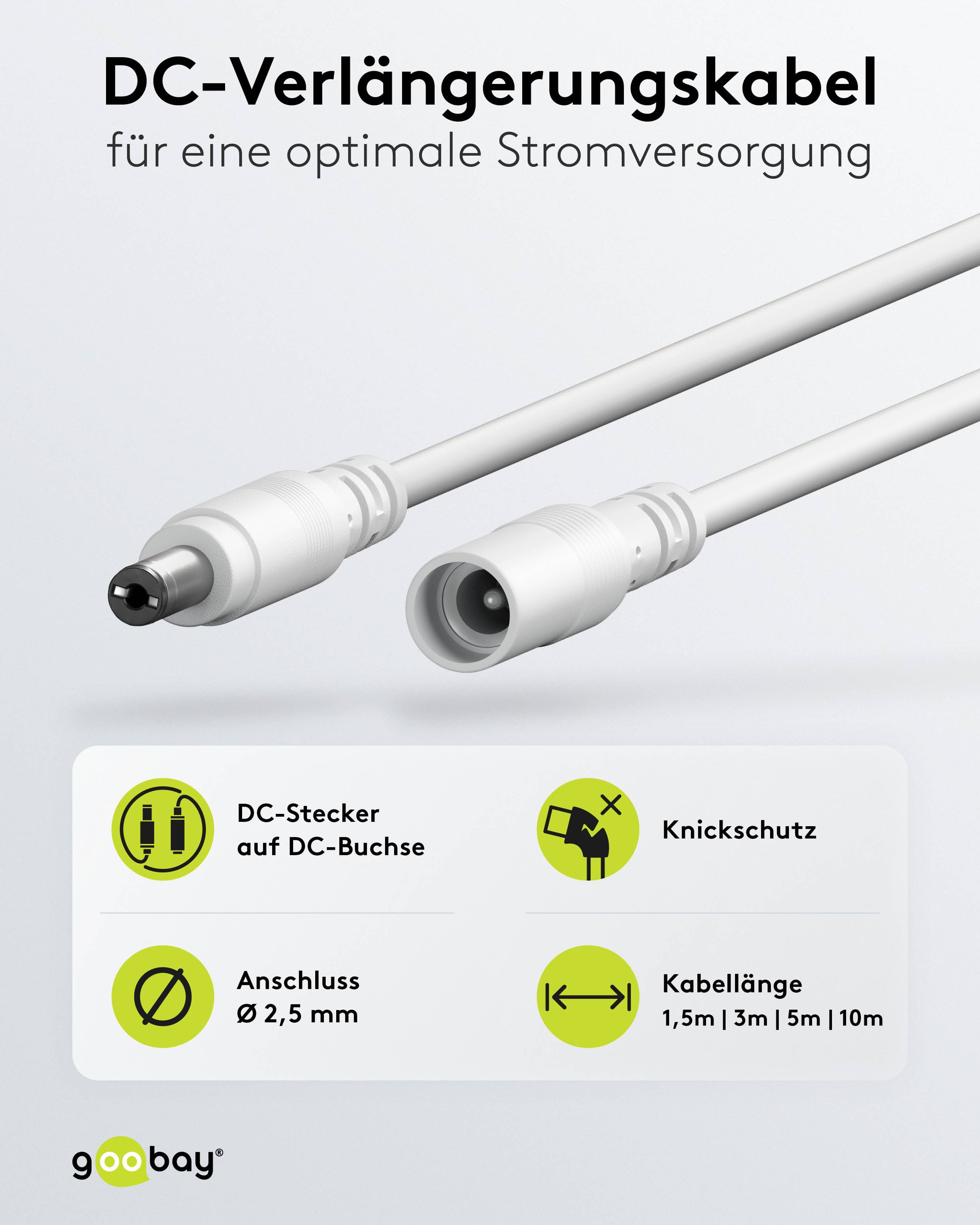 GOOBAY DC-Adapterkabel 2,5 mm, DC-Stecker auf DC-Kupplung, weiß, 3 m GOOBAY DC-Adapterkabel 2,5 mm, DC-Stecker auf DC-Kupplung, weiß, 3 m