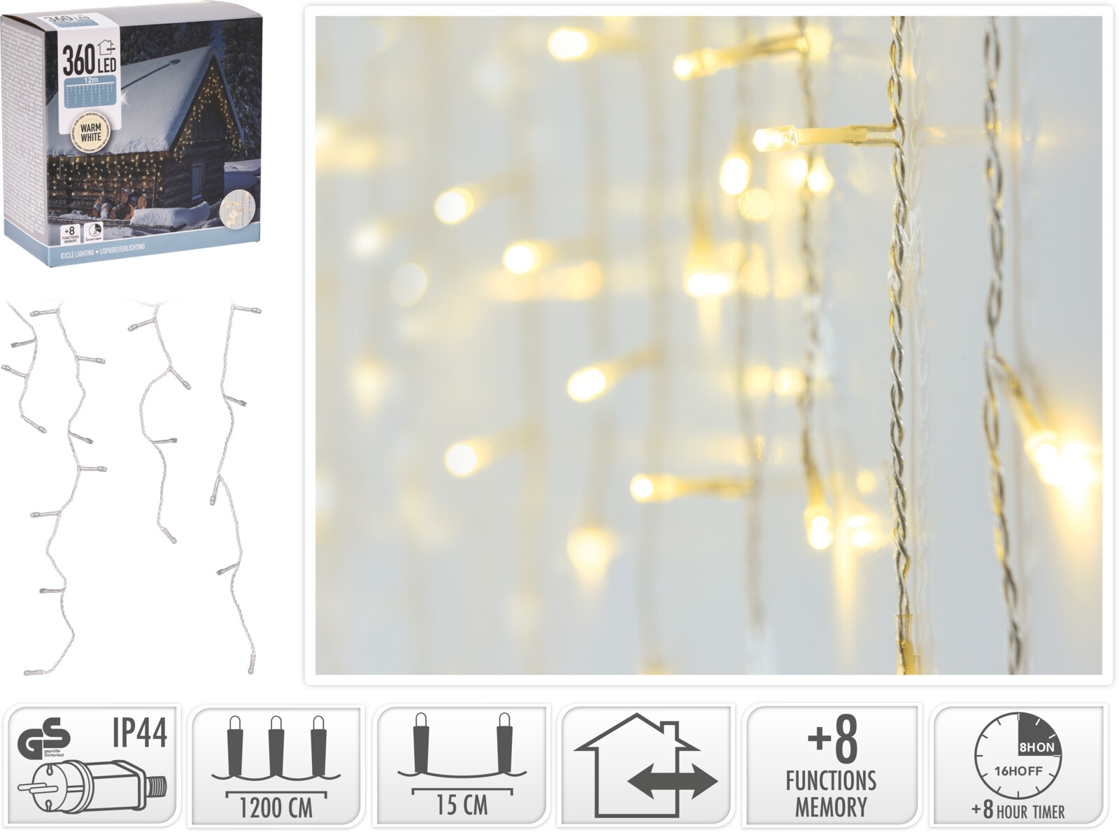 KOOPMAN LED-Lichtervorhang warmweiß, 360 LEDs, transparentes Kabel, Innen/Außen, 15m