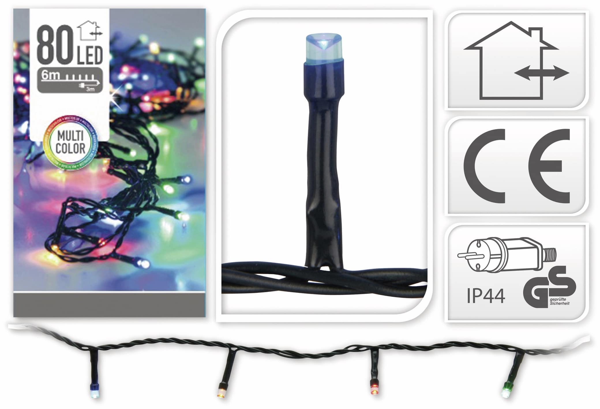 LED-Lichterkette, 80 LEDs, bunt, 230V~, IP44, Innen/Außen LED-Lichterkette, 80 LEDs, bunt, 230V~, IP44, Innen/Außen