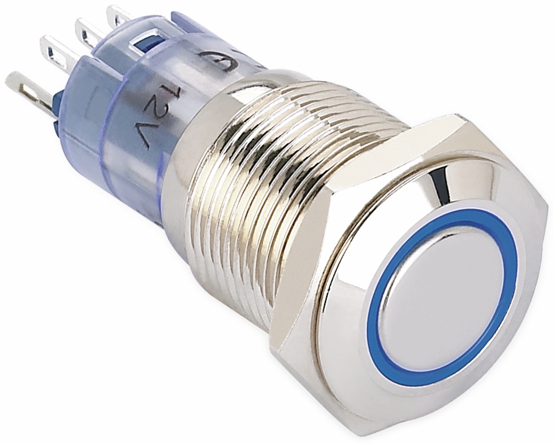 ONPOW Schalter, 24 V/DC, 1x Off/(On), Beleuchtung weiß, Lötanschluss, flach rund, Messing, 16 mm
