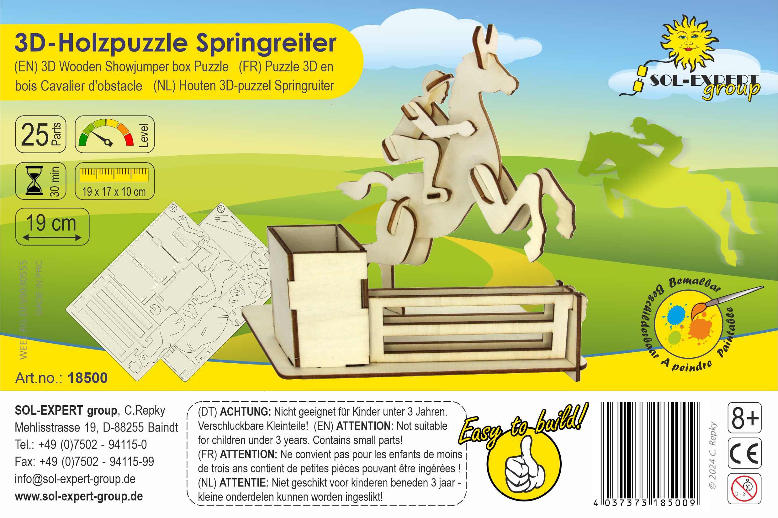 SOL-EXPERT 3D Holz Puzzle Springreiter mit Stiftebox