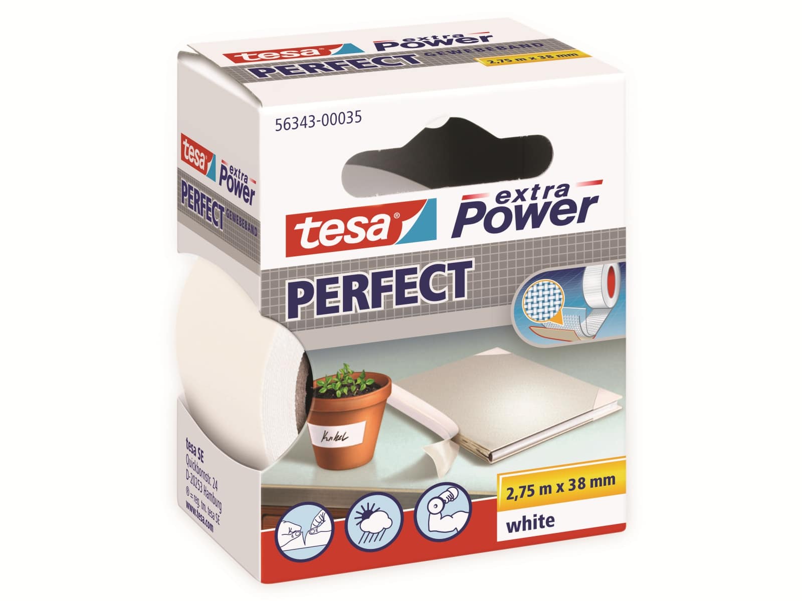 TESA extra Power® Perfect Gewebeband, weiß, 2,75m:38mm, 56343-00035-03