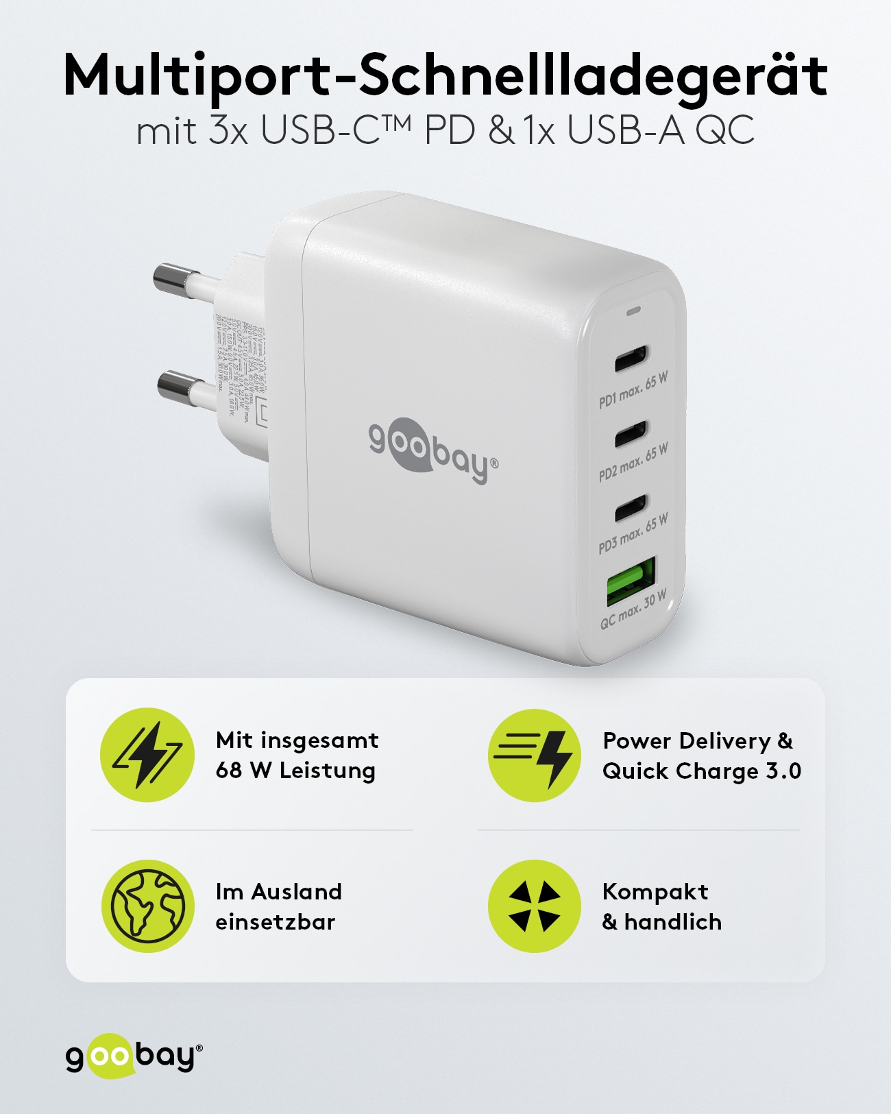 GOOBAY USB-Lader 64822, 68 W, 4-fach, 3x C PD, 1x A QC GaN