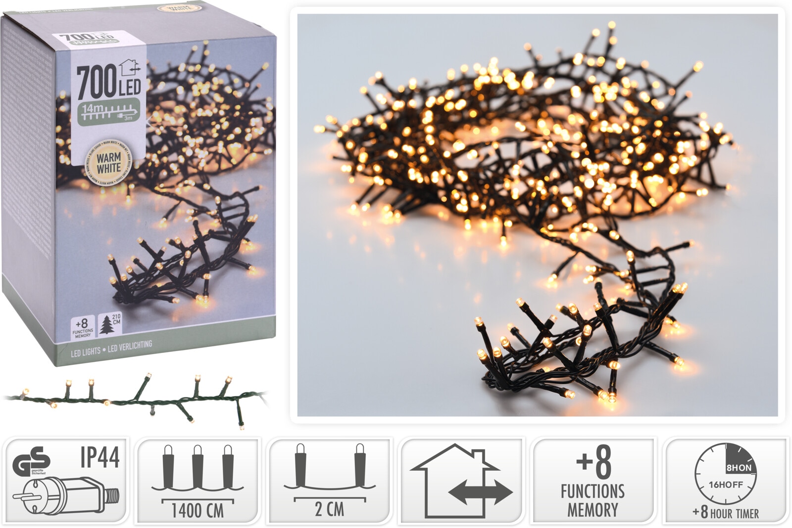 LED-Clusterlichterkette warmweiß, 700 LEDs, Grünes Kabel, Innen/Außen, 17m KOOPMAN LED-Clusterlichterkette warmweiß, 700 LEDs, Grünes Kabel, Innen/Außen, 17m