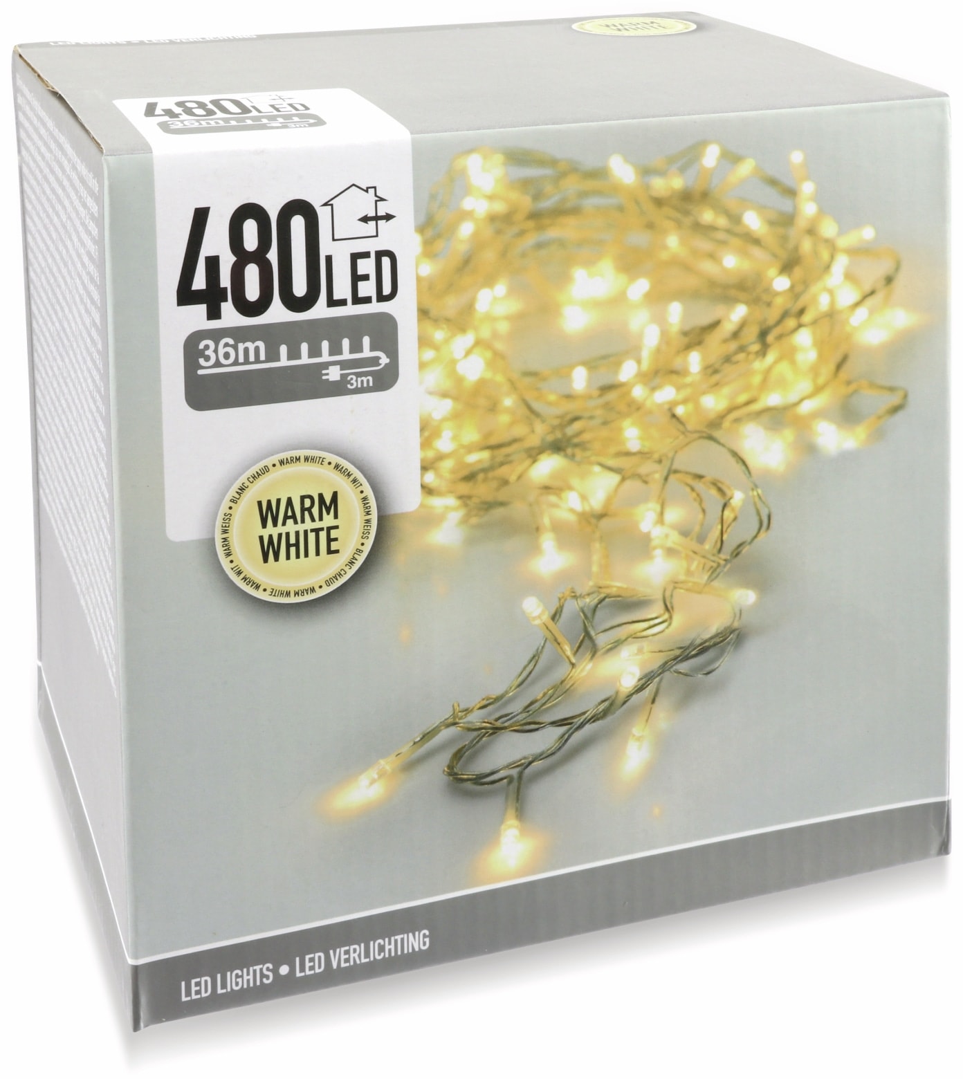 LED-Lichterkette, 480 LEDs, warmweiß, 230 V~, transparent, Innen/Außen, 39 m LED-Lichterkette, 480 LEDs, warmweiß, 230V~, IP44, Innen/Außen, Kabelfarbe silber/transparent