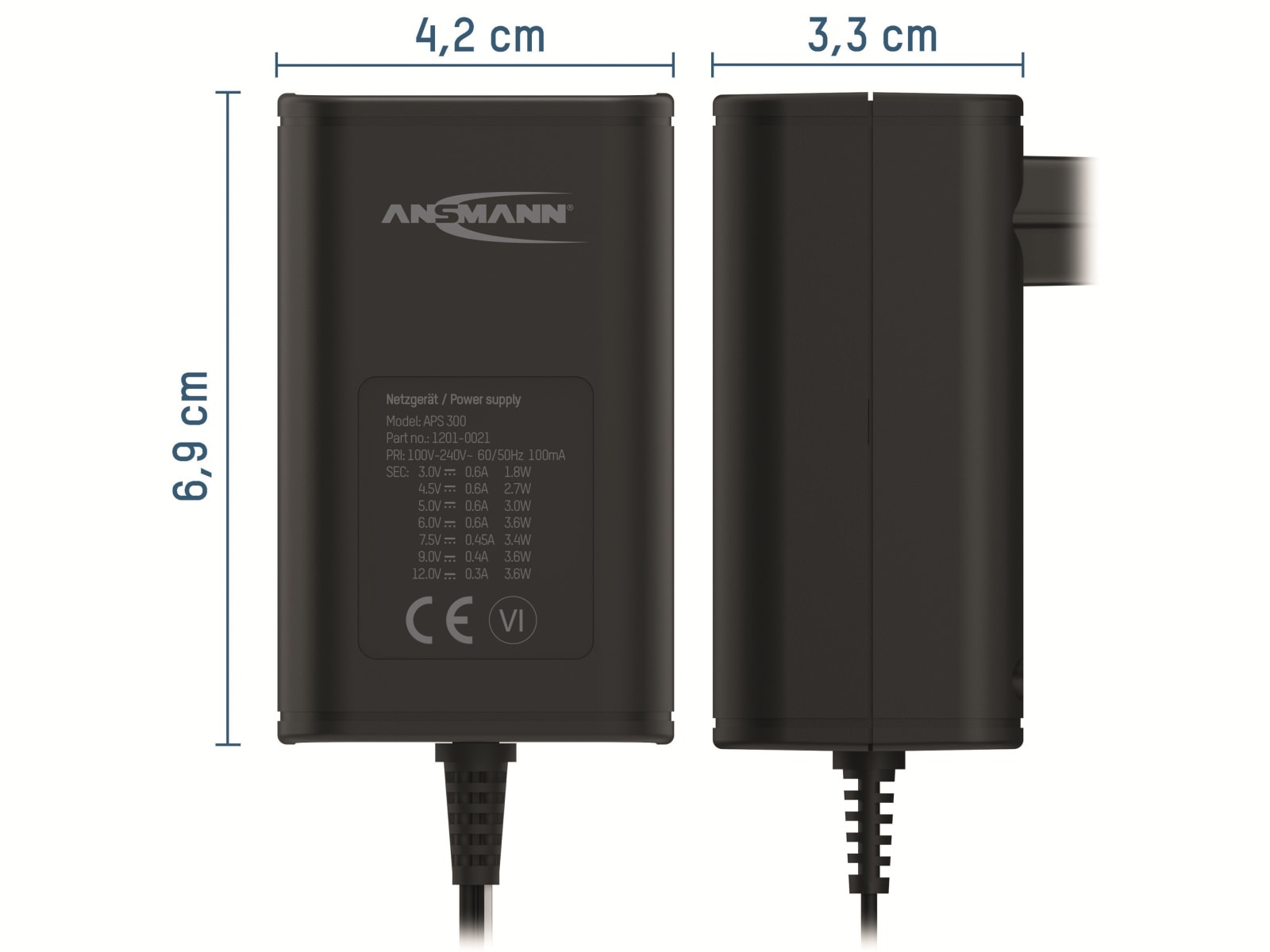 ANSMANN Universal-Netzteil APS 300, 3,6W, Ladestrom max. 0,6A, 3-12V-